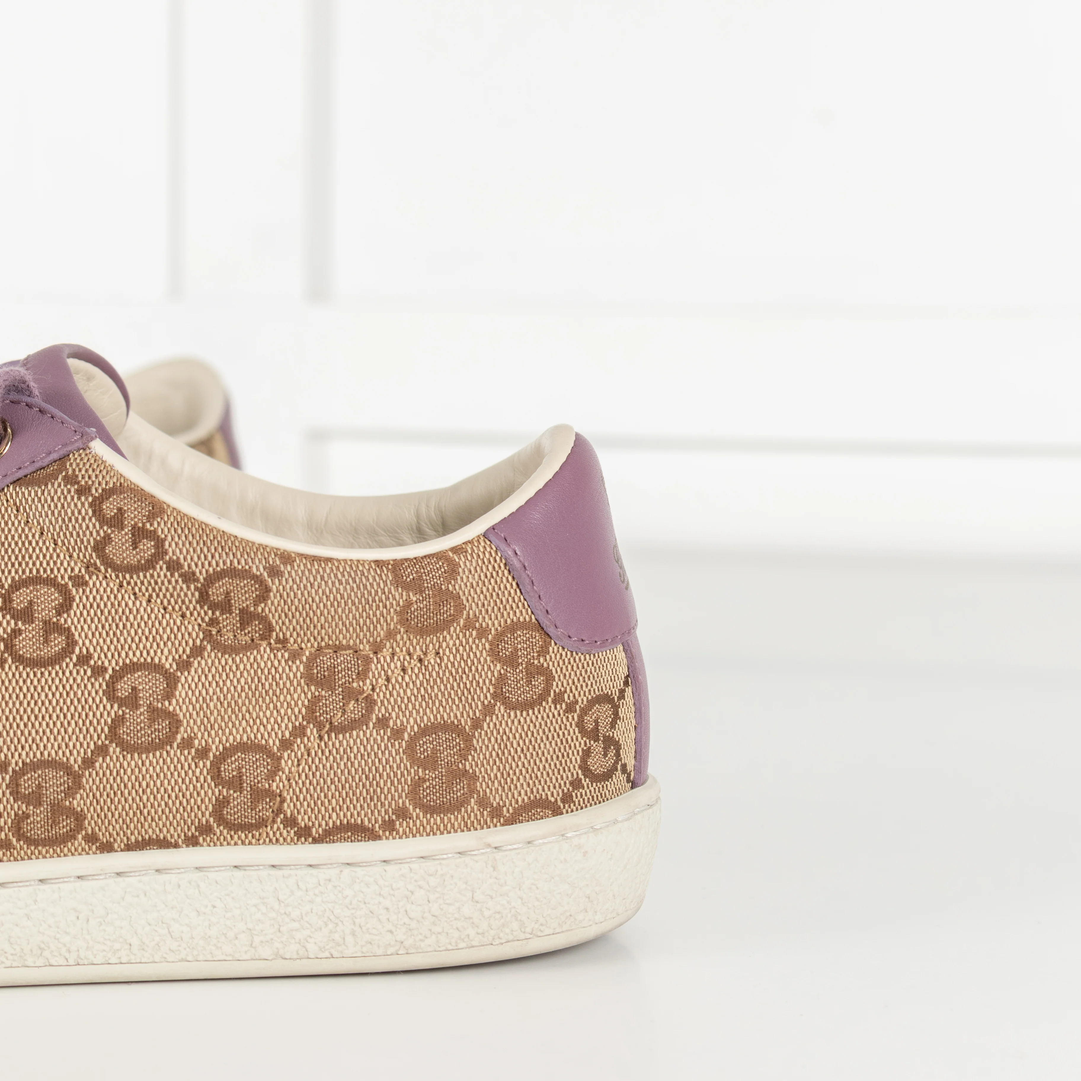 Gucci Beige Canvas Purple Trim Leather Guccissima Low Top Trainers - Image 9