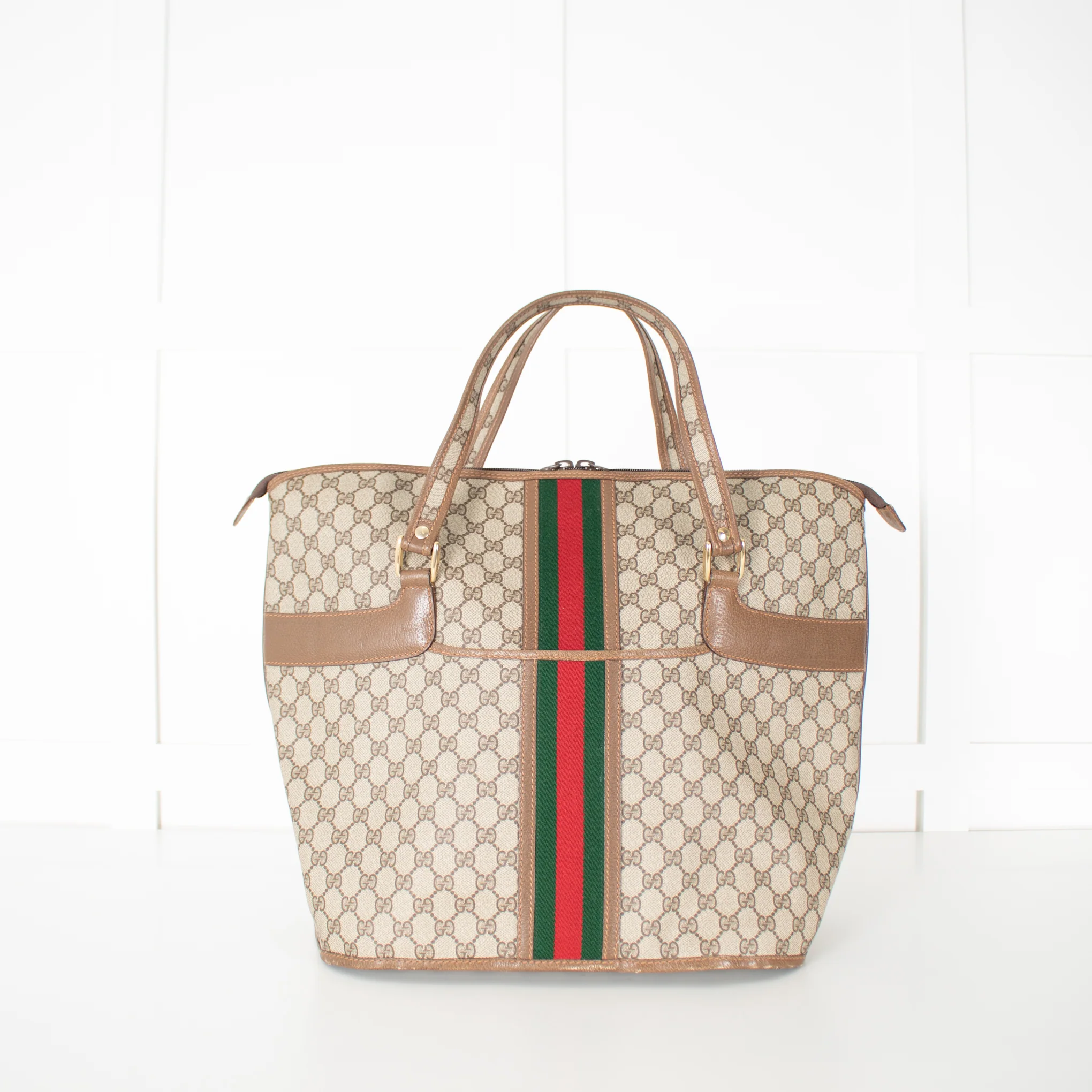 Gucci Beige Monogram Canvas Vintage Large Boston Travel Bag