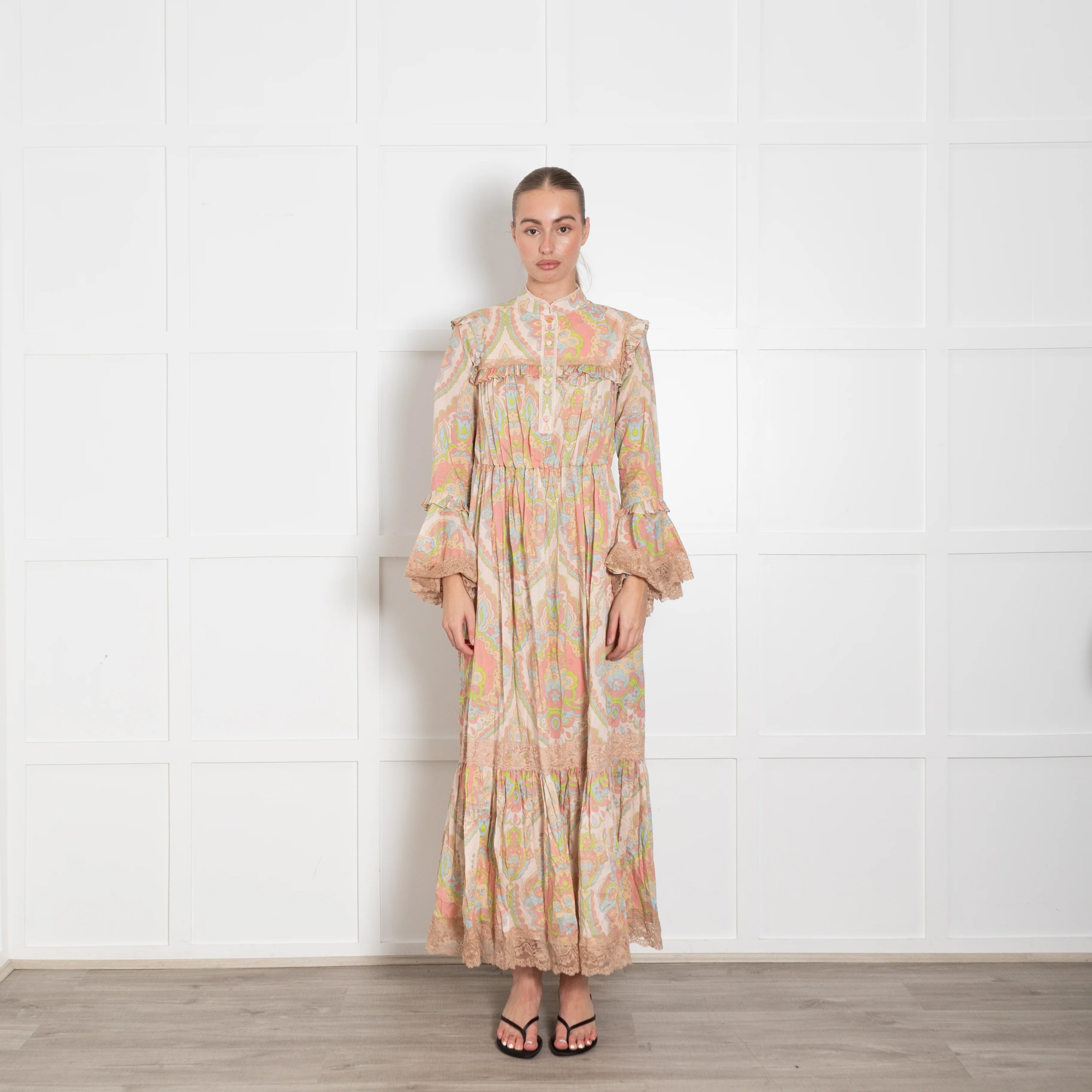 Gucci Beige Multi Colour Print Cotton Lace Trim Maxi Dress