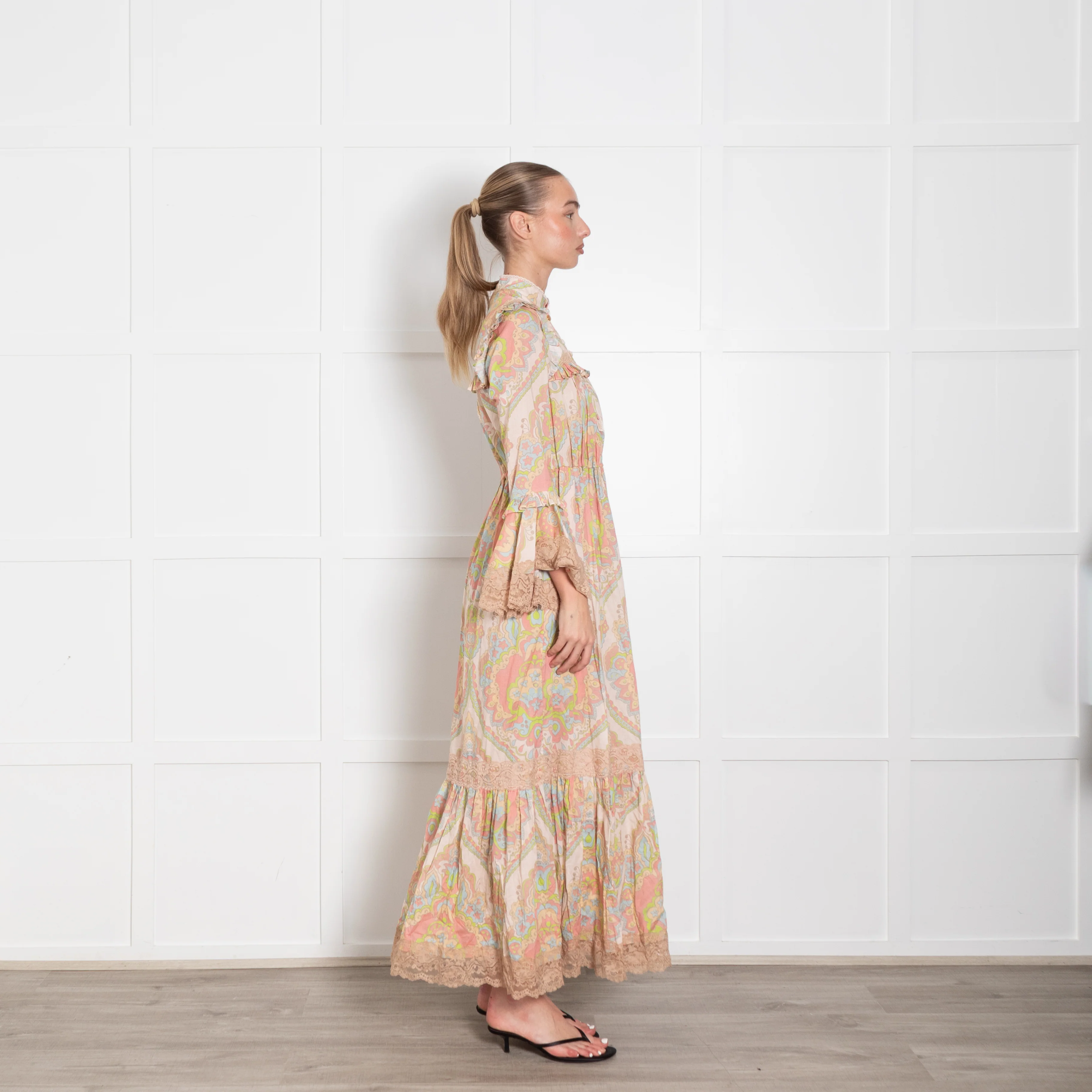 Gucci Beige Multi Colour Print Cotton Lace Trim Maxi Dress - Image 6