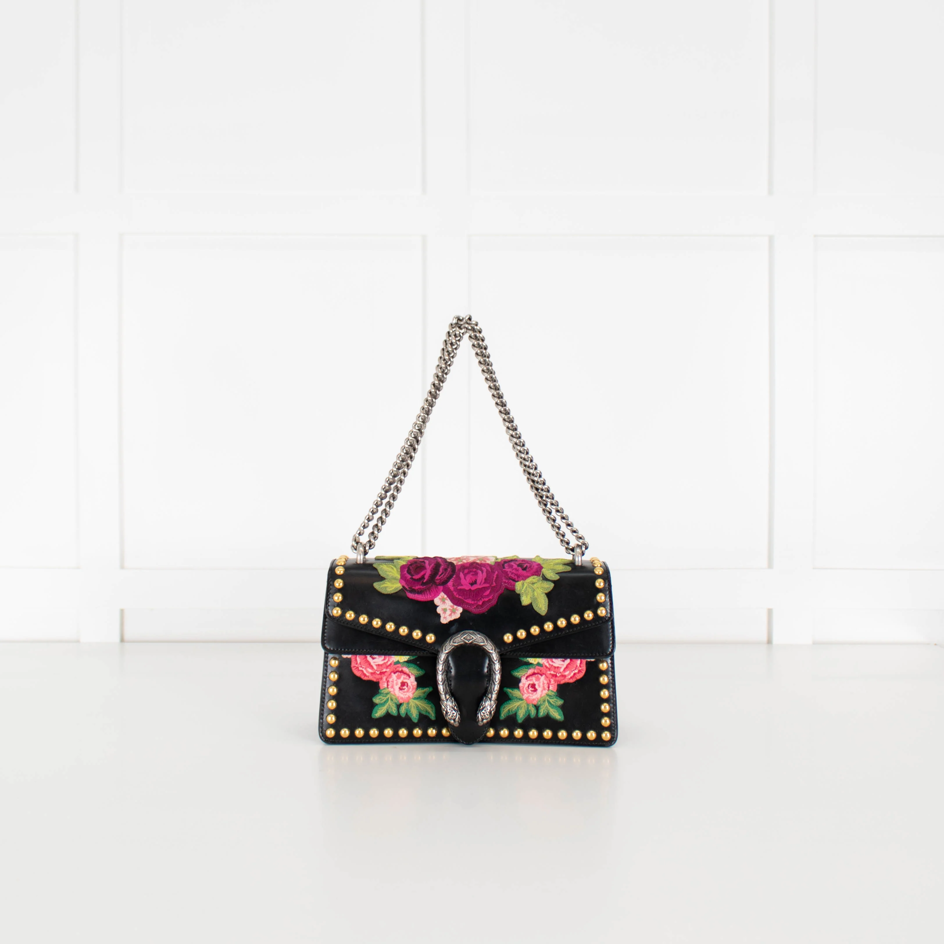 Gucci Black Calfskin Floral Embroidered Studded Small Dionysus Bag