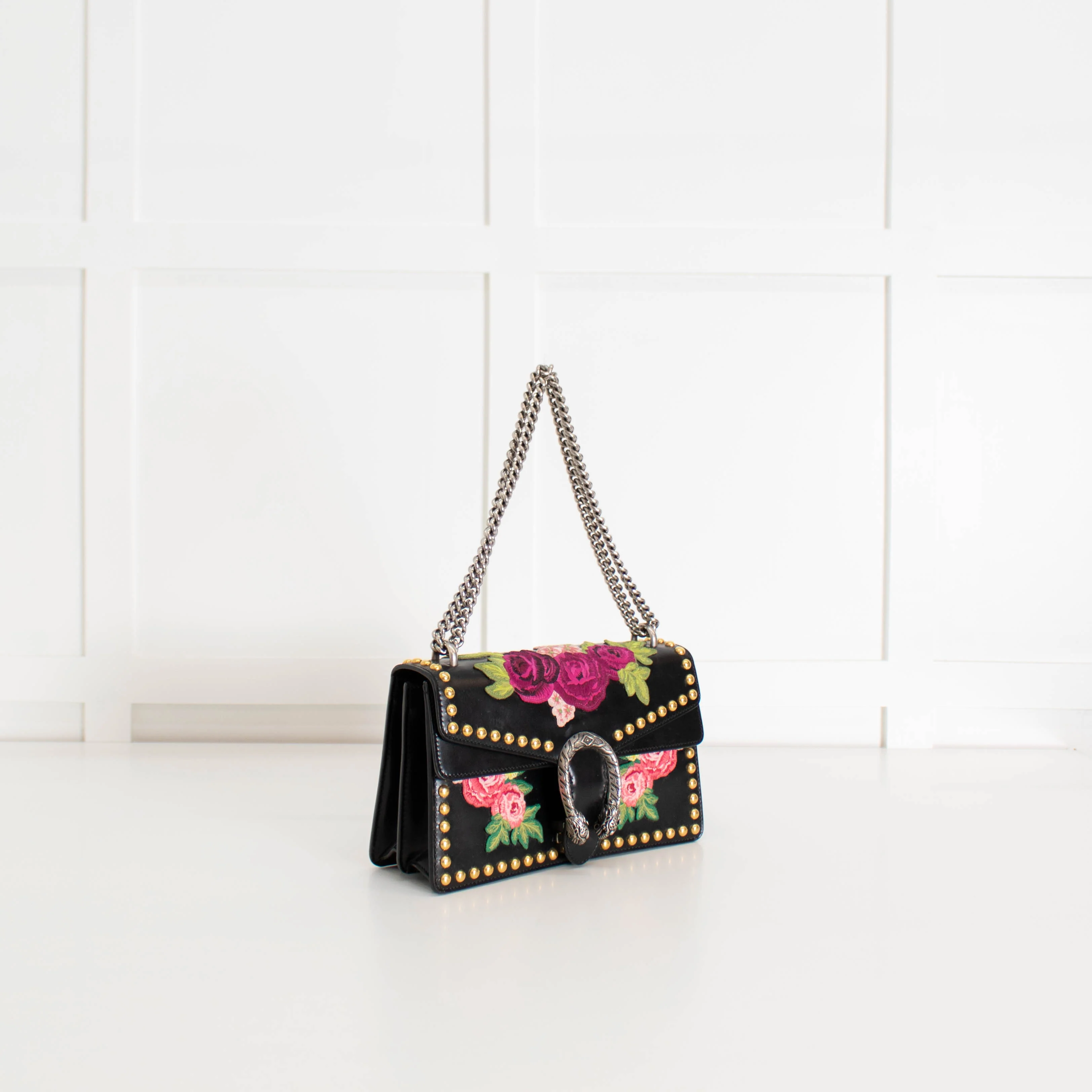 Gucci Black Calfskin Floral Embroidered Studded Small Dionysus Bag - Image 2