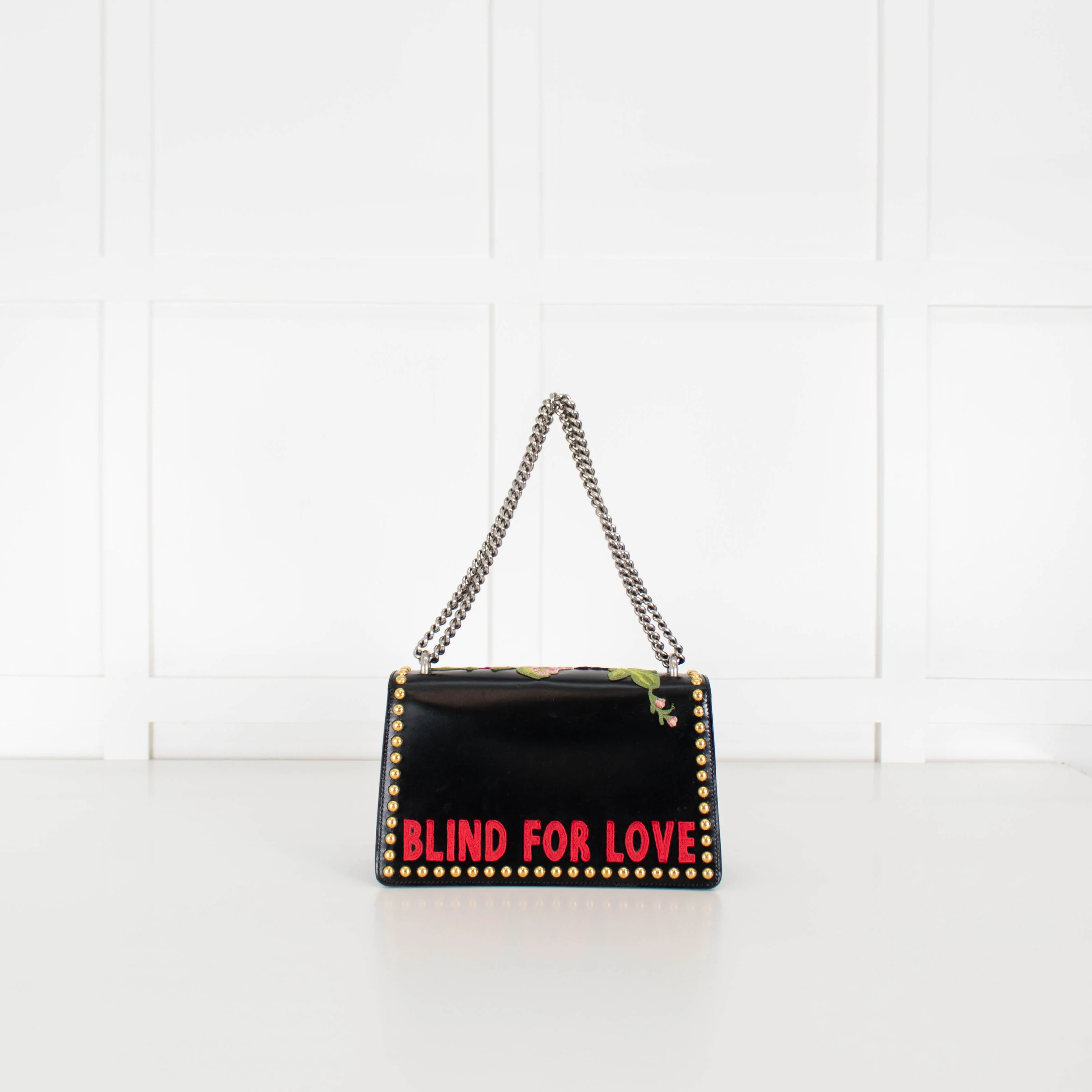Gucci Black Calfskin Floral Embroidered Studded Small Dionysus Bag - Image 4