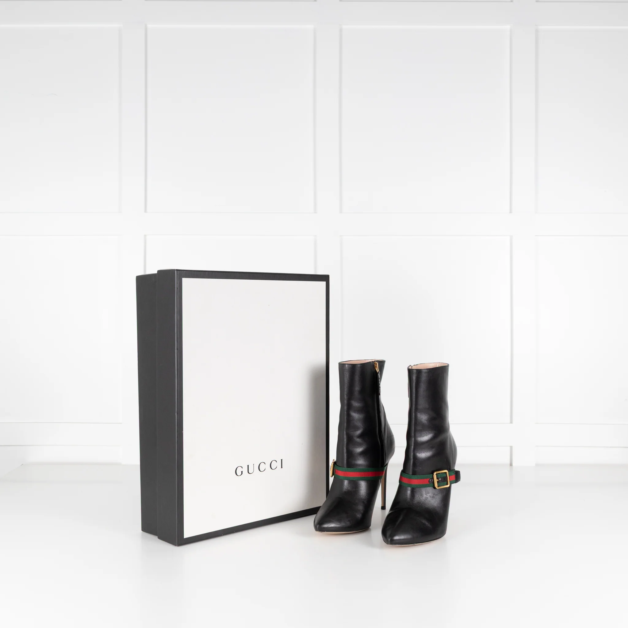 Gucci Black Charlotte Boots Green Red Gross Grain With Buck