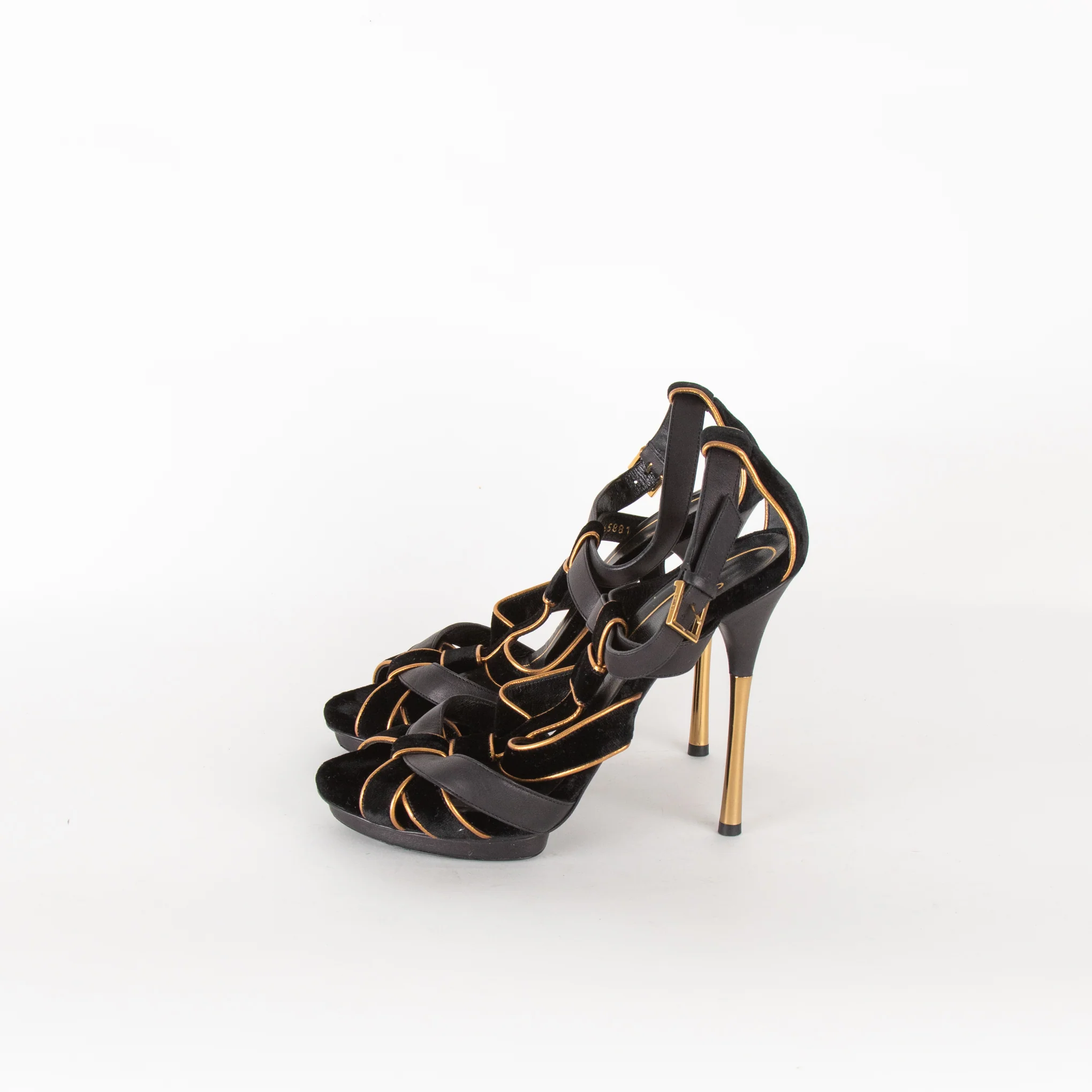 Gucci Black Velvet Gold Trim Platform Heeled Sandals - Image 3