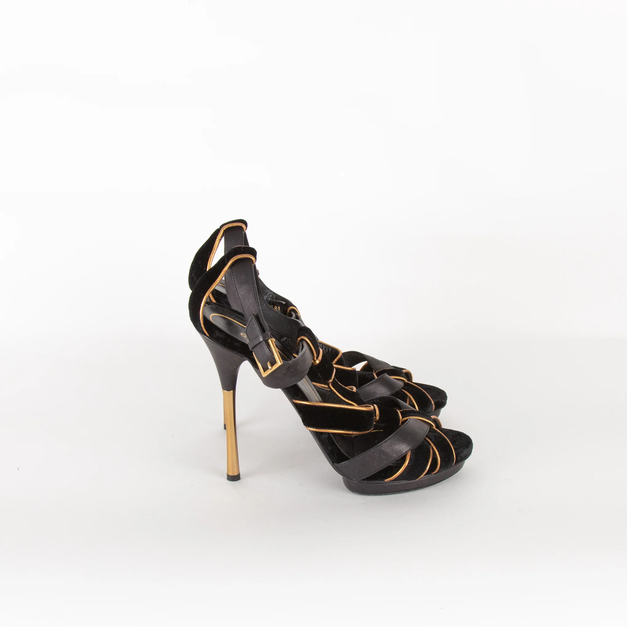 Gucci Black Velvet Gold Trim Platform Heeled Sandals - Image 5
