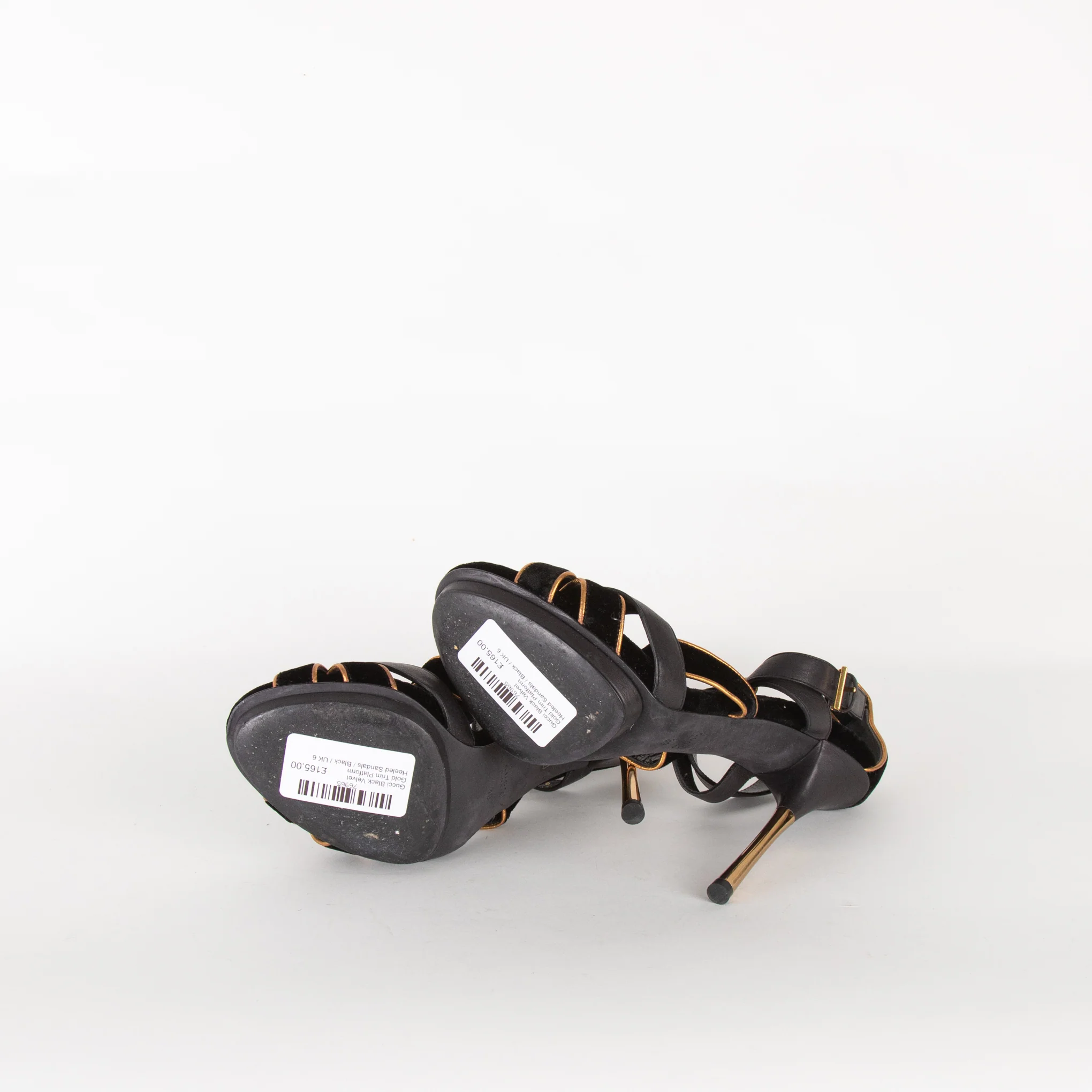 Gucci Black Velvet Gold Trim Platform Heeled Sandals - Image 6