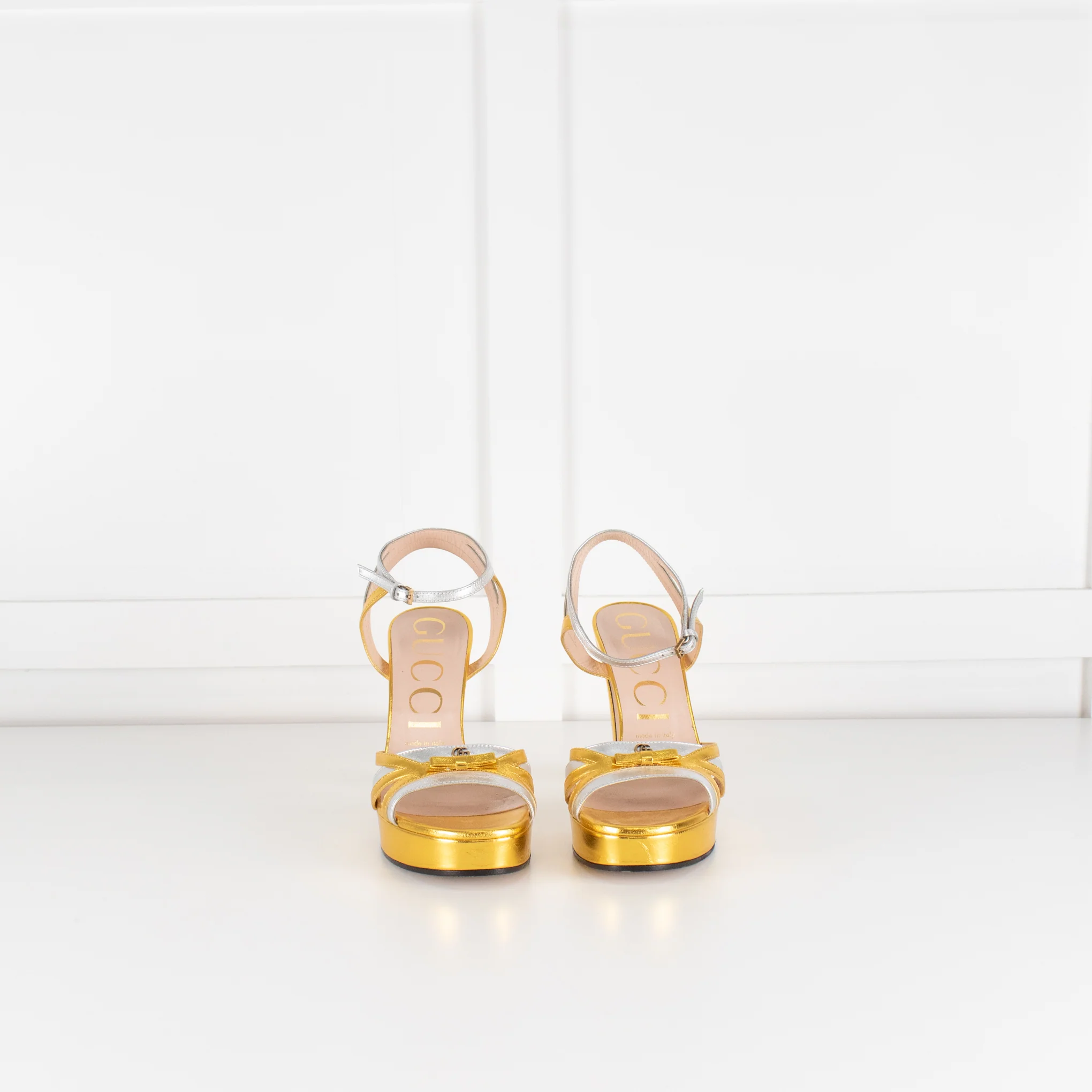 Gucci Gold and Silver Strappy Platform Heels with Ankle Straps - Image 2