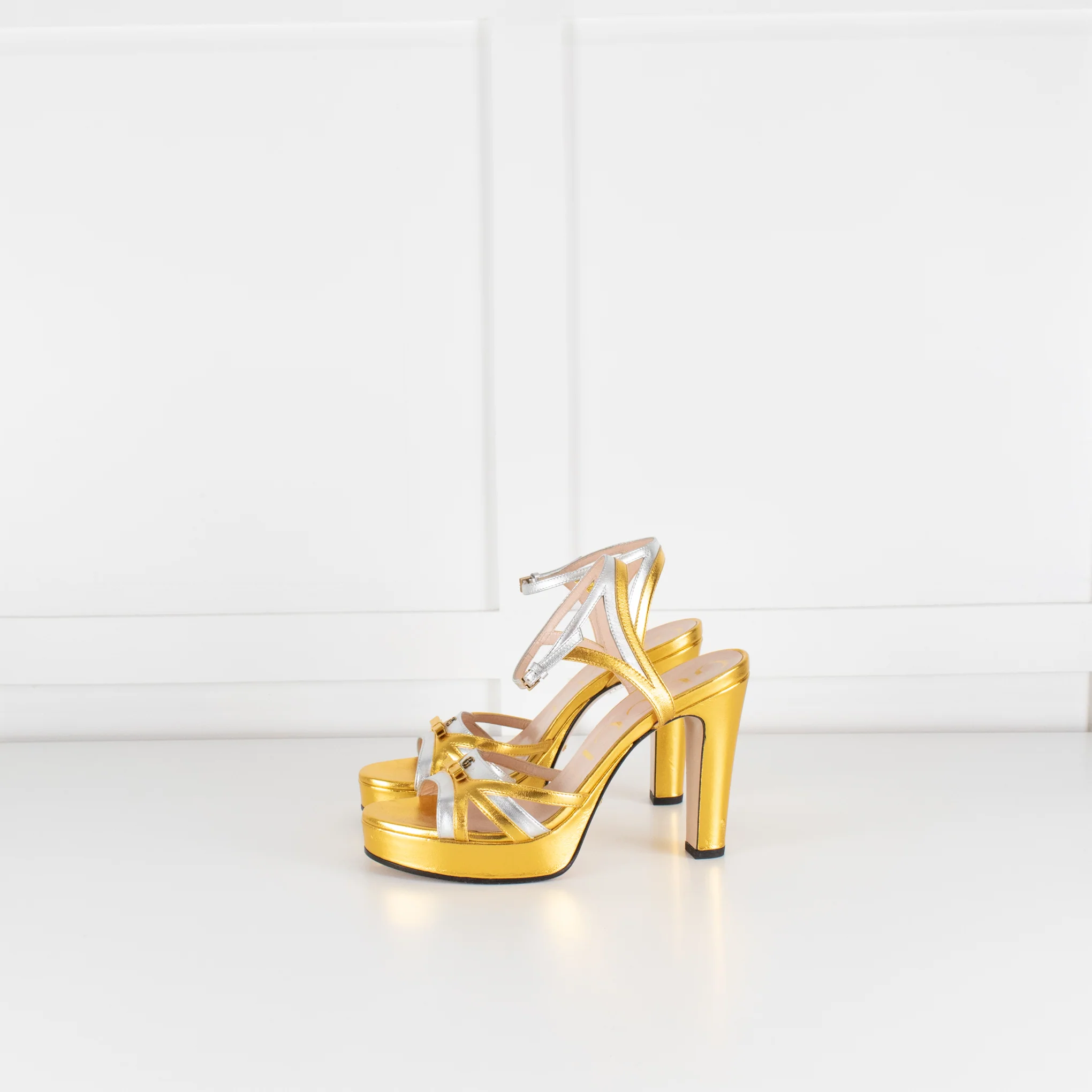 Gucci Gold and Silver Strappy Platform Heels with Ankle Straps - Image 4