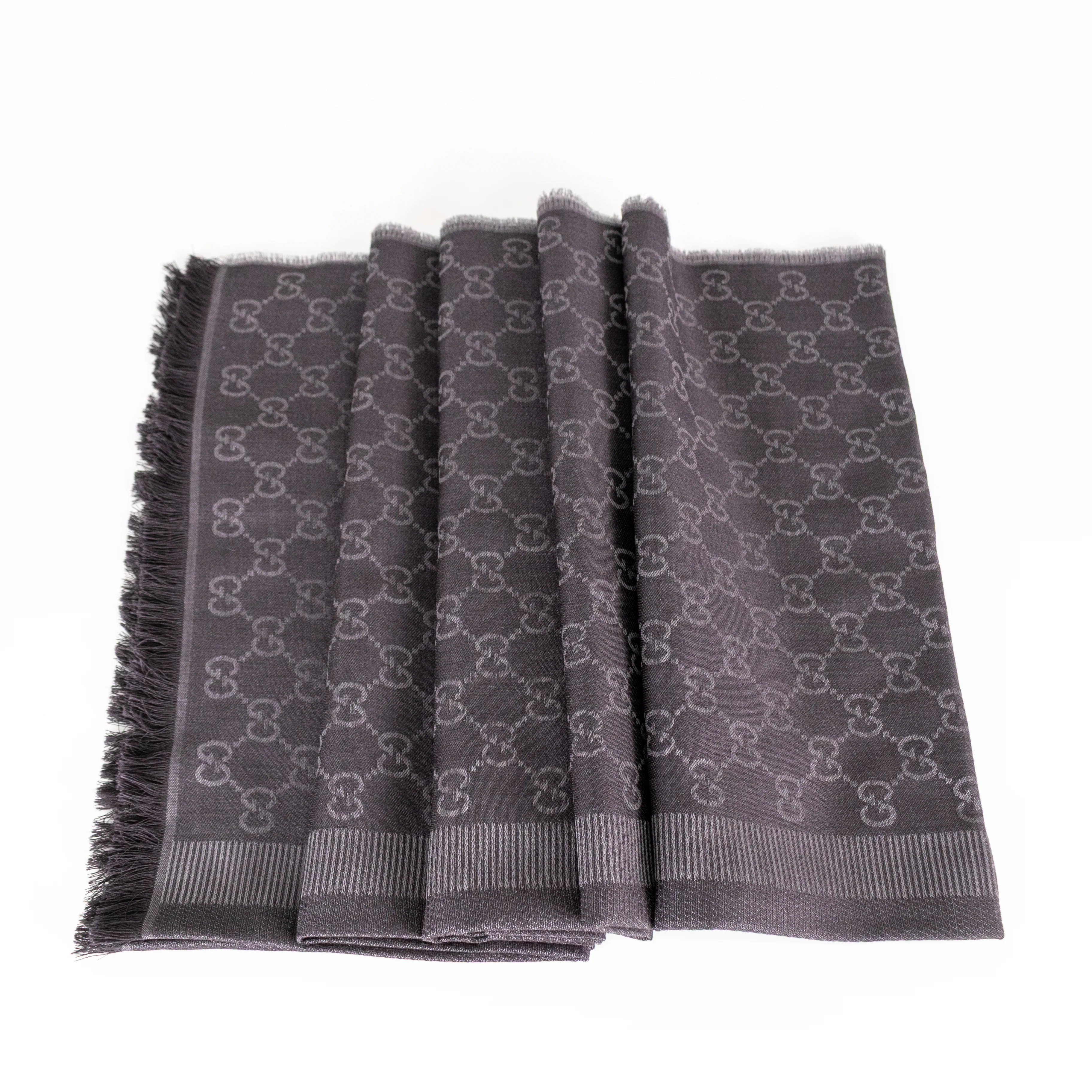 Gucci Grey GG Jacquard Wool And Silk Blend Scarf - Image 6