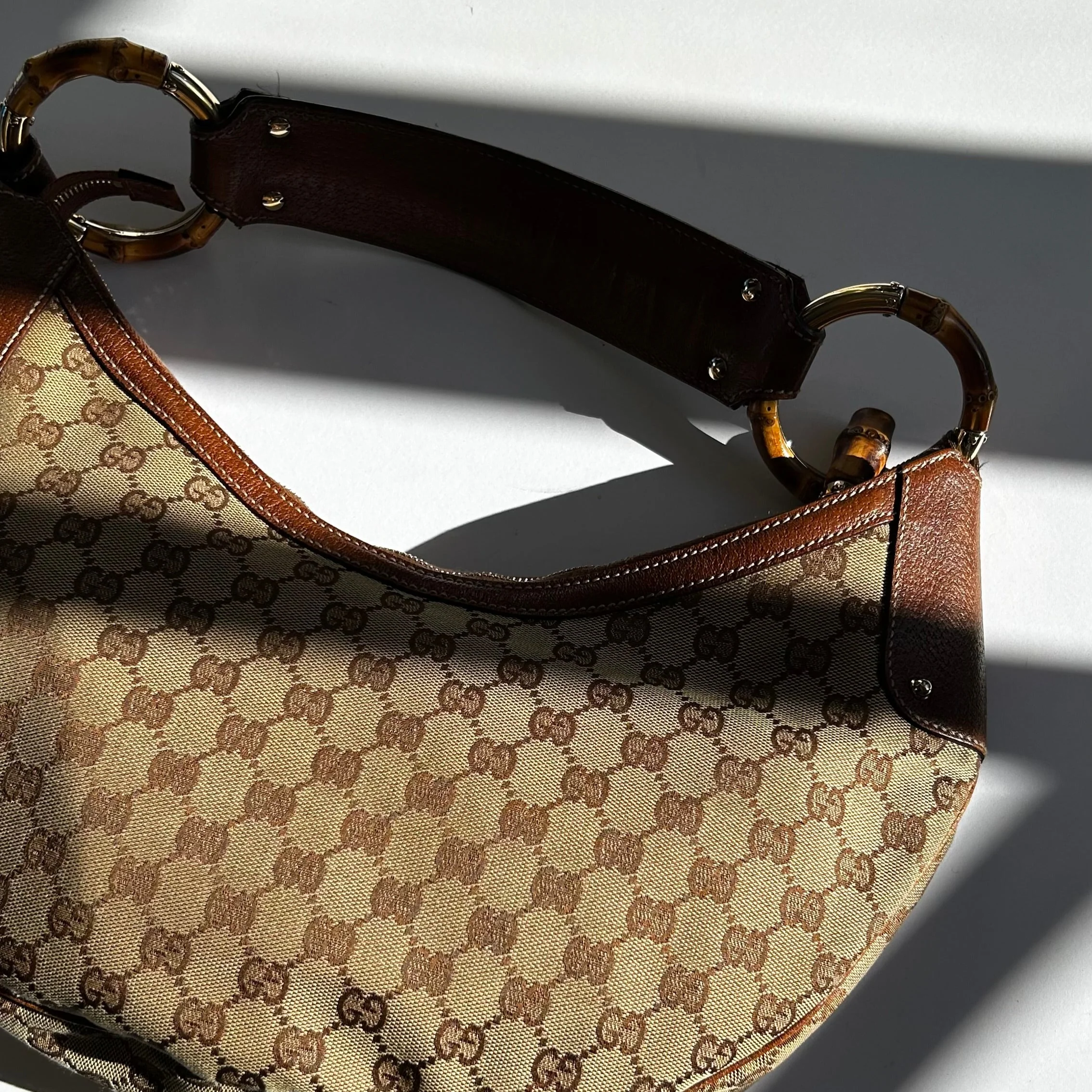 Gucci Tan Canvas Monogram Bamboo Half Moon Hobo Bag - Image 2