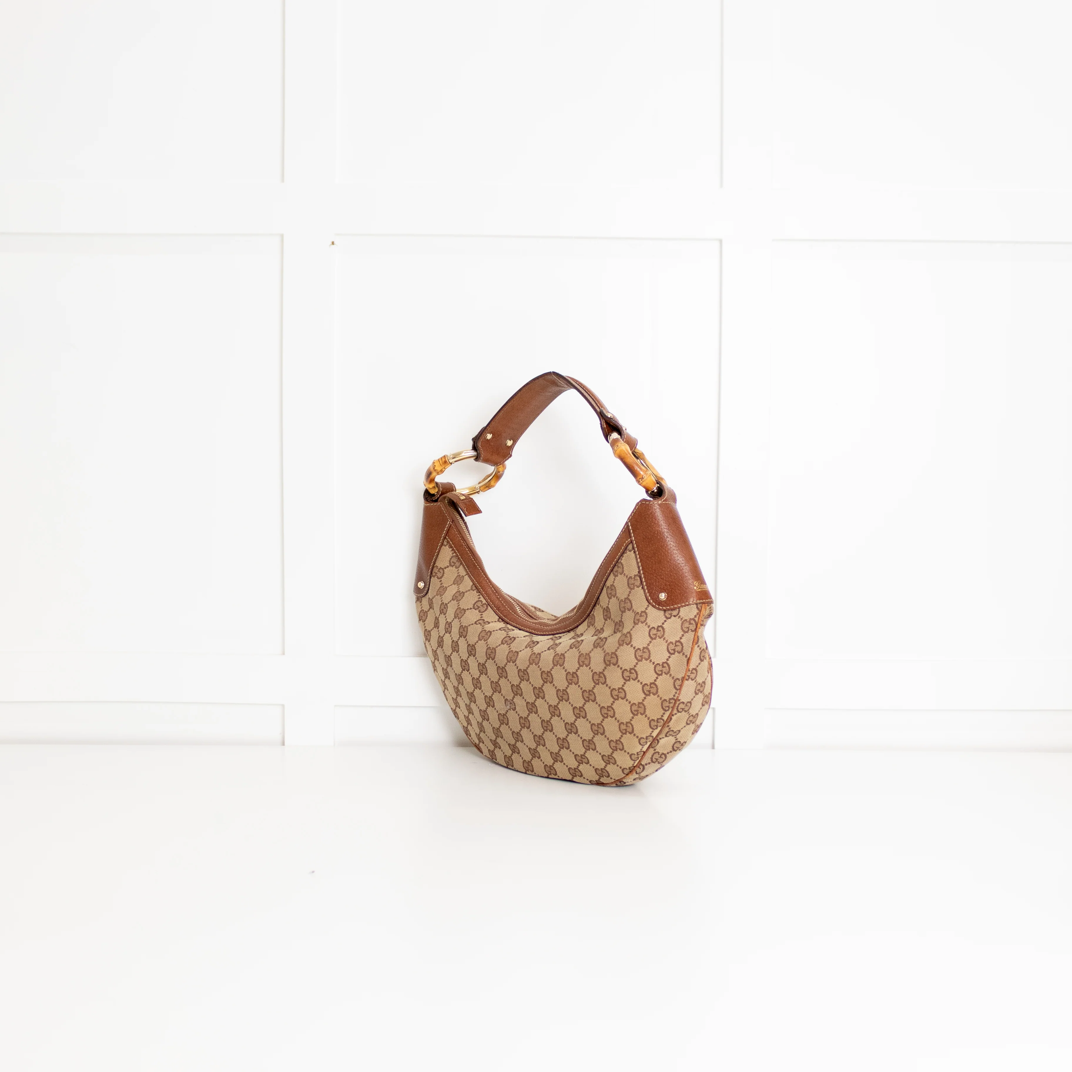 Gucci Tan Canvas Monogram Bamboo Half Moon Hobo Bag - Image 3