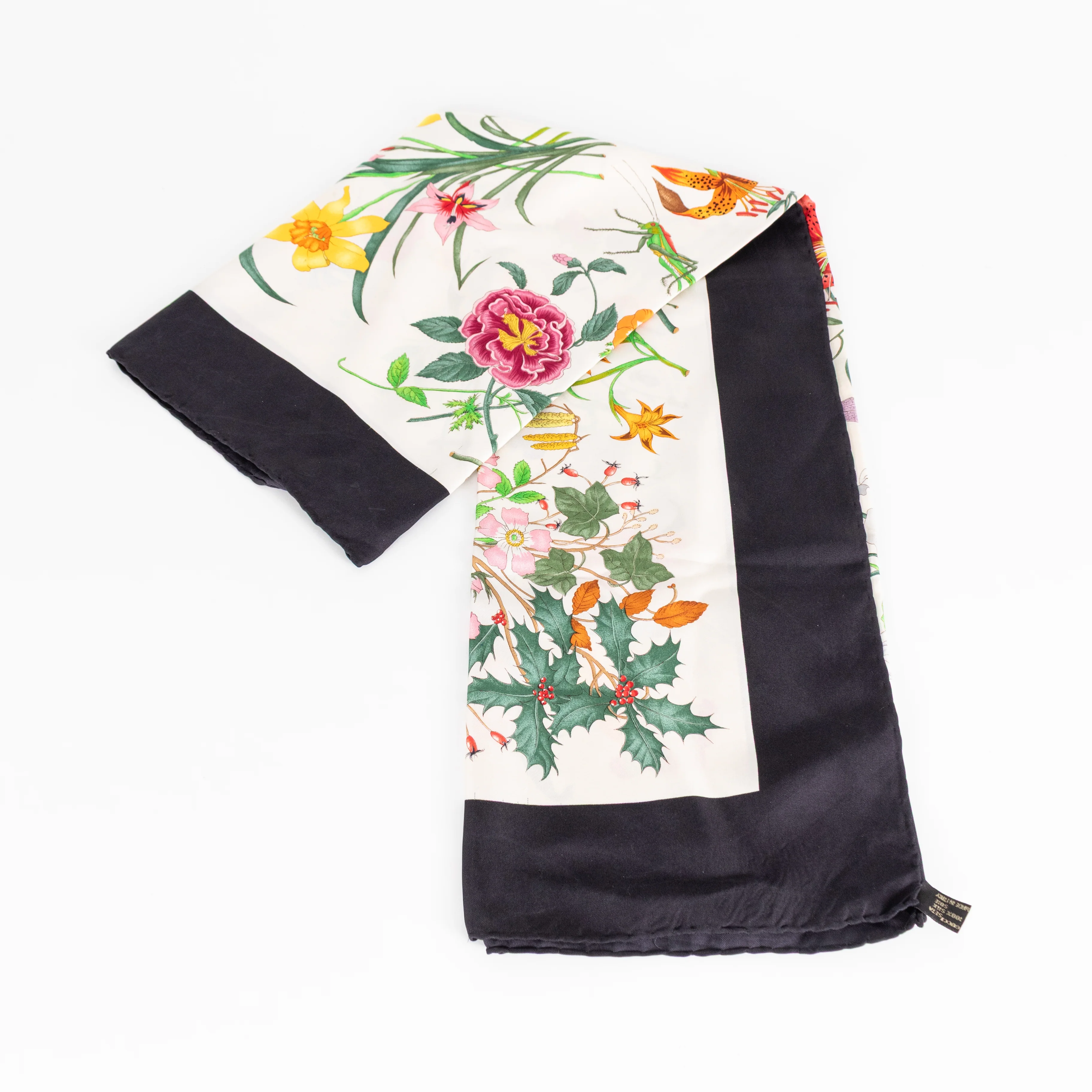 Gucci White Black Multi Floral Silk Square Scarf