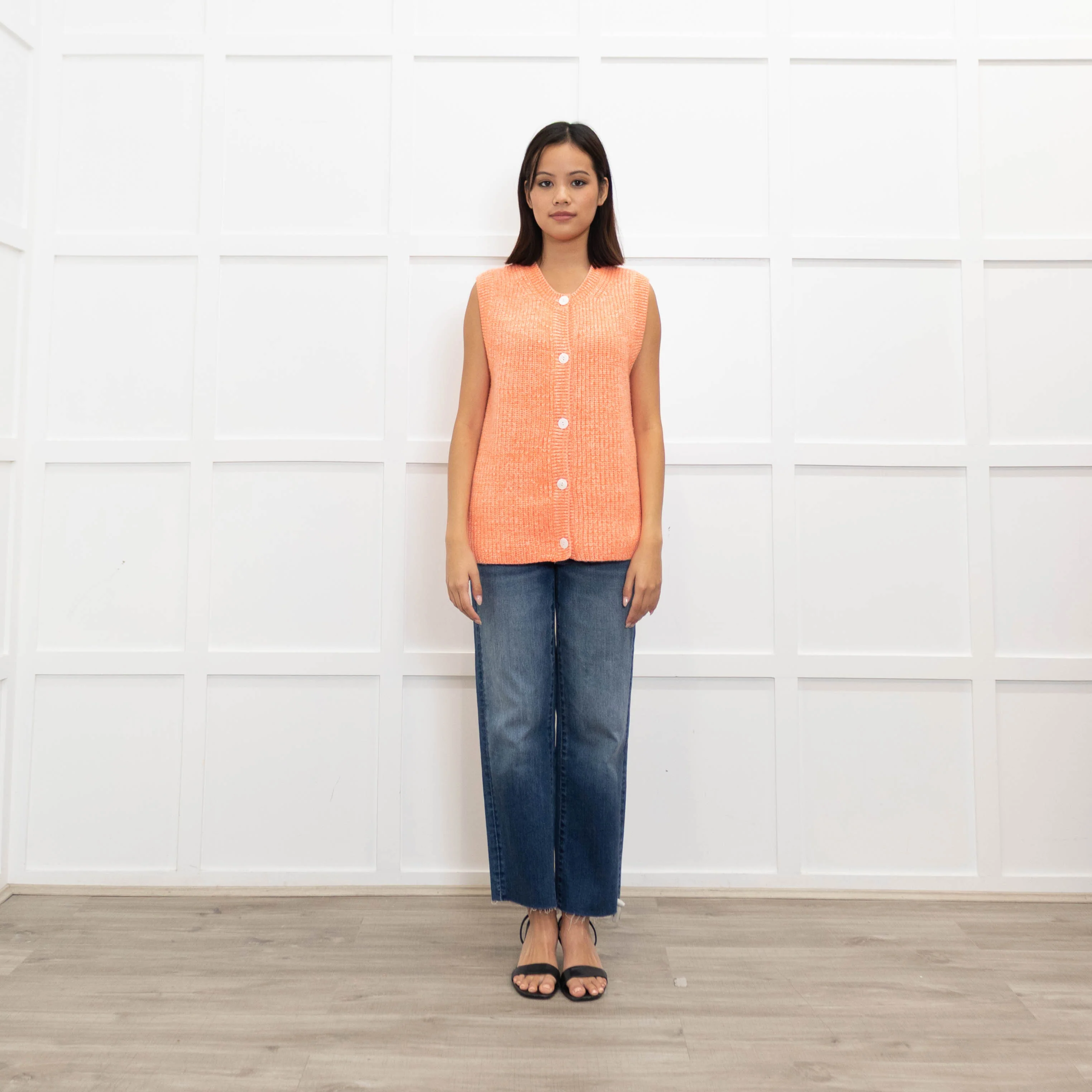 Gussy And Lou Orange and White Fleck Ribbed Sleeveless Cardigan