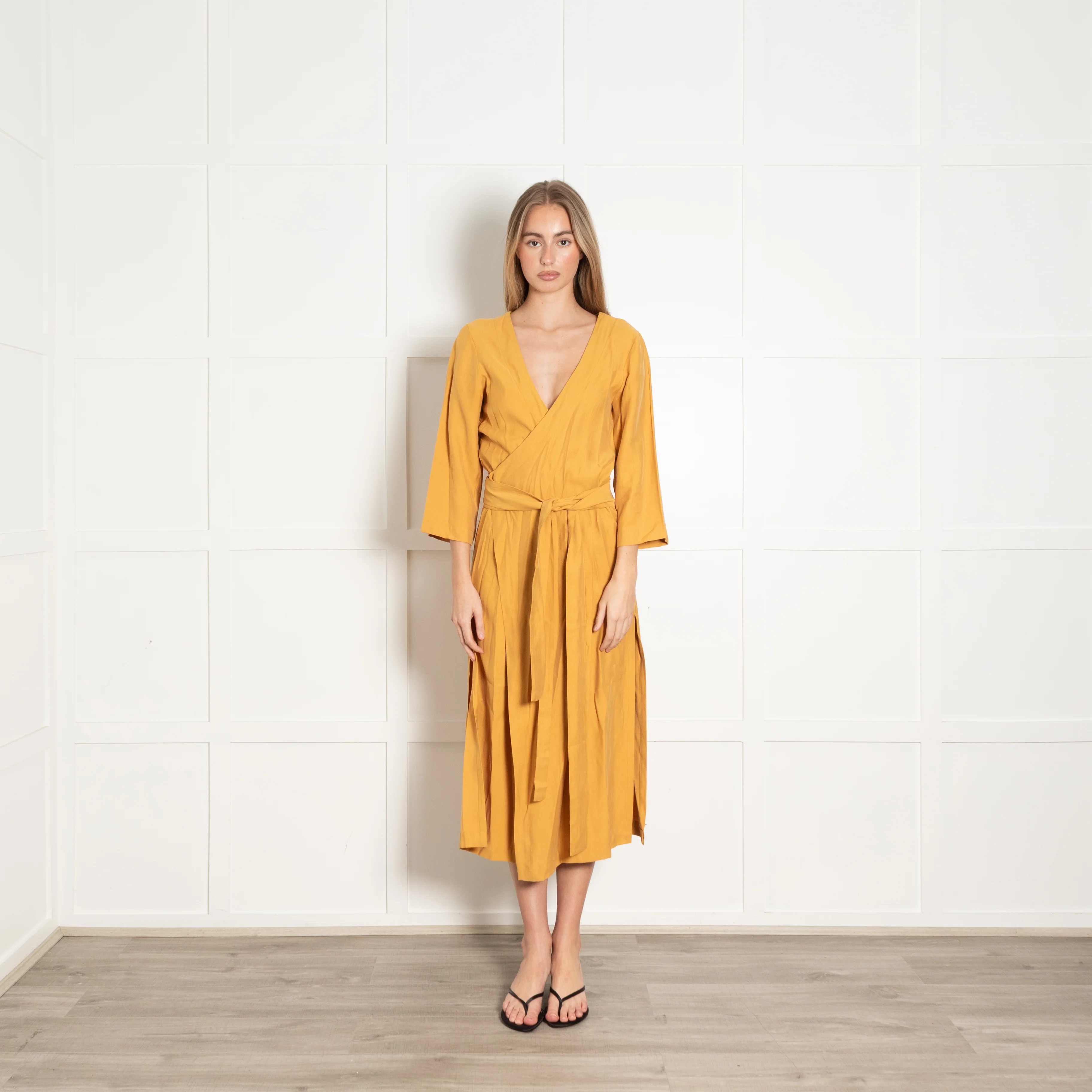 Haight Mustard  Yellow Wrap Dress with 3/4 Sleeves