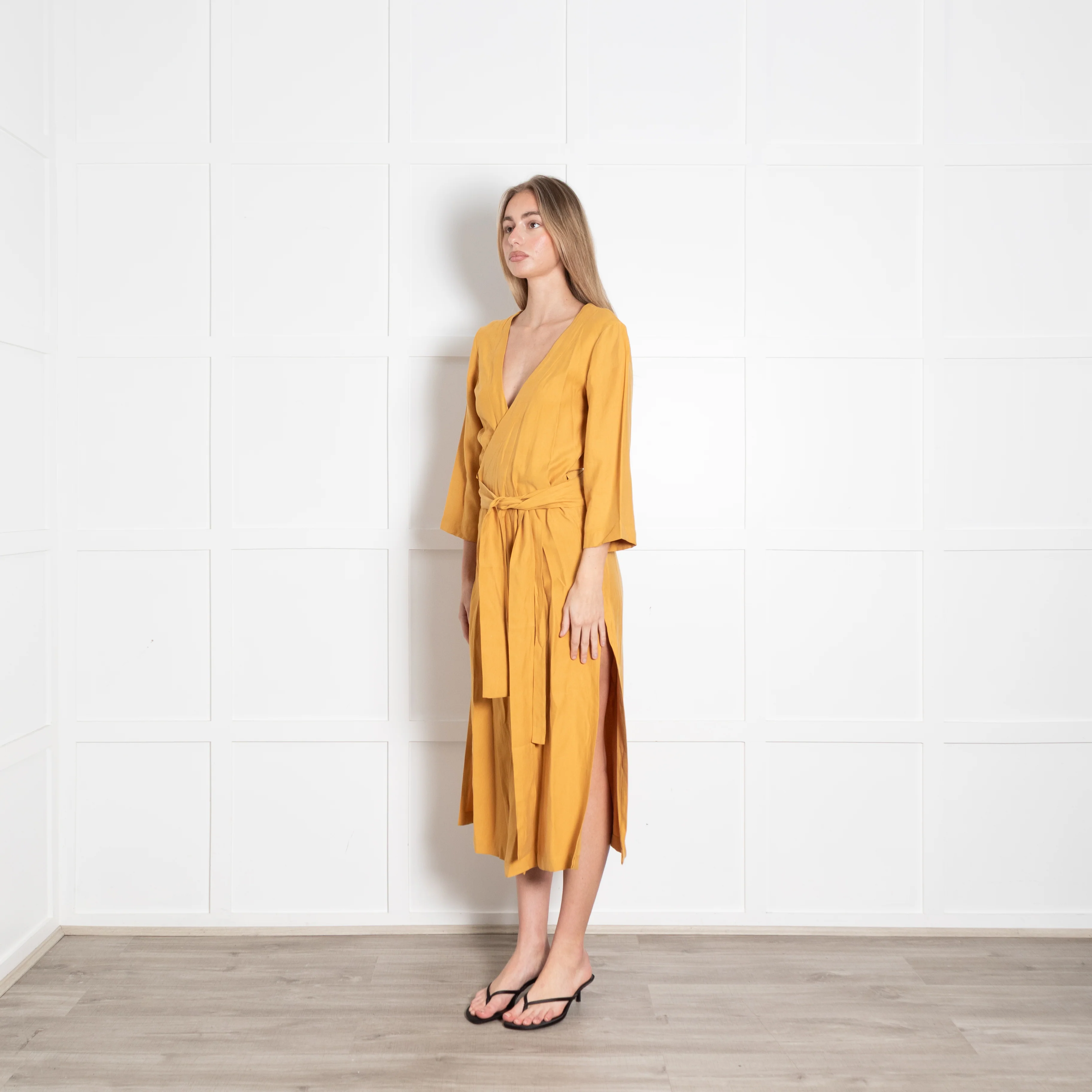 Haight Mustard  Yellow Wrap Dress with 3/4 Sleeves - Image 3