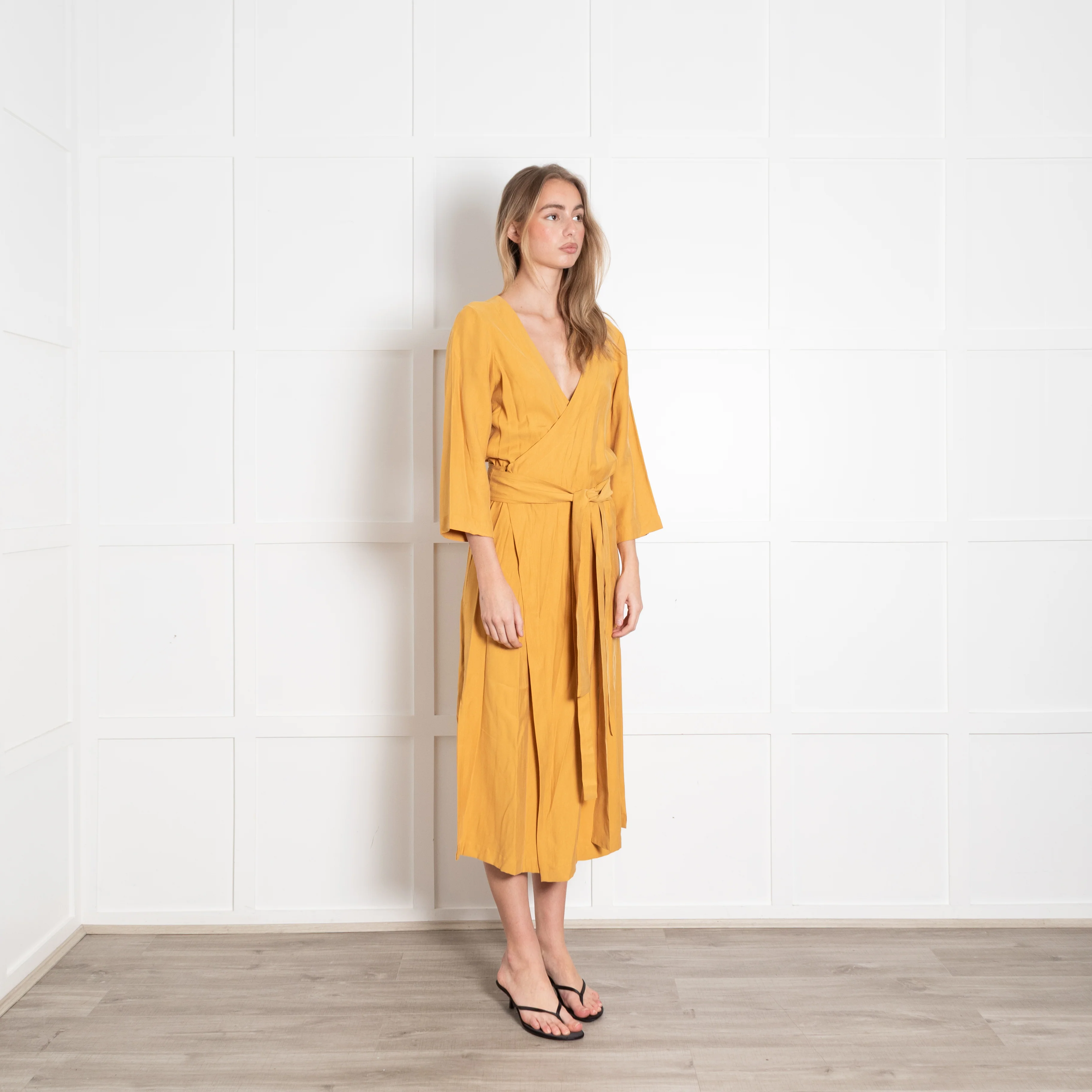 Haight Mustard  Yellow Wrap Dress with 3/4 Sleeves - Image 7