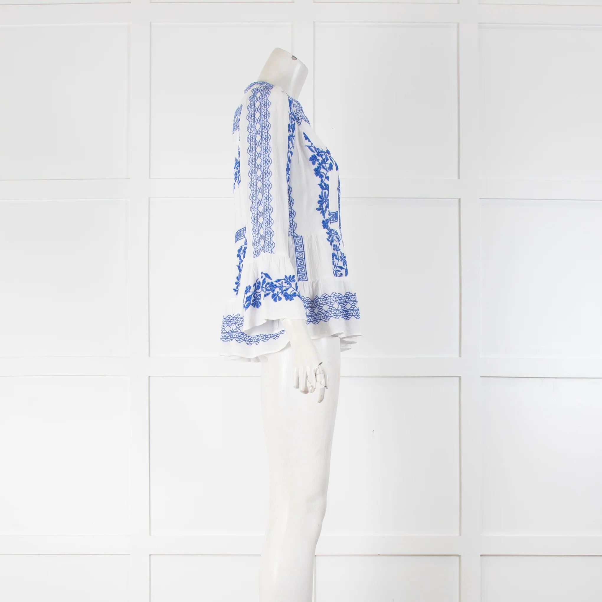 Hale Bob Blue and White Embroidered V Neck Blouse - Image 2