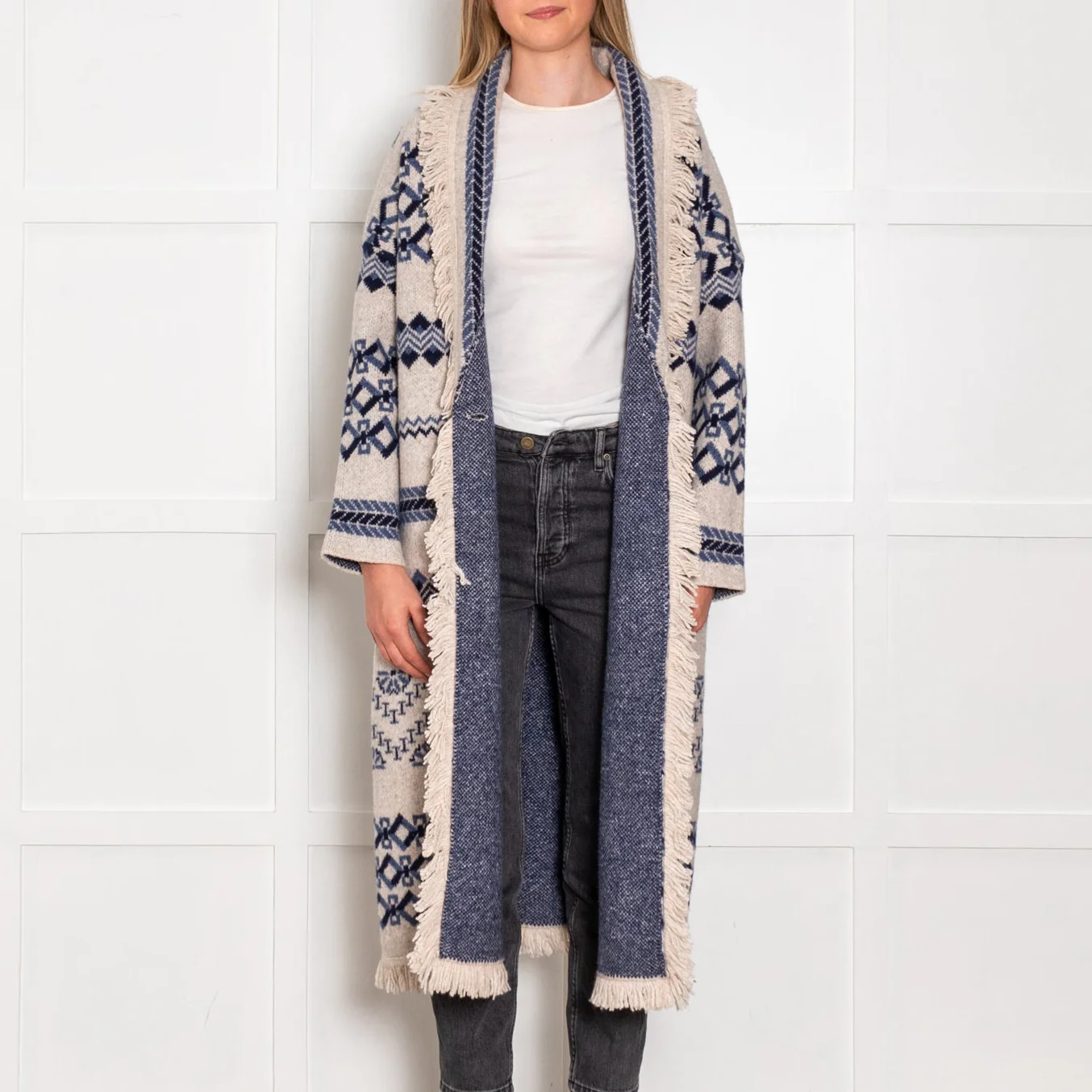 Hale Bob Blue And White Fringed Long Cardigan - Image 2