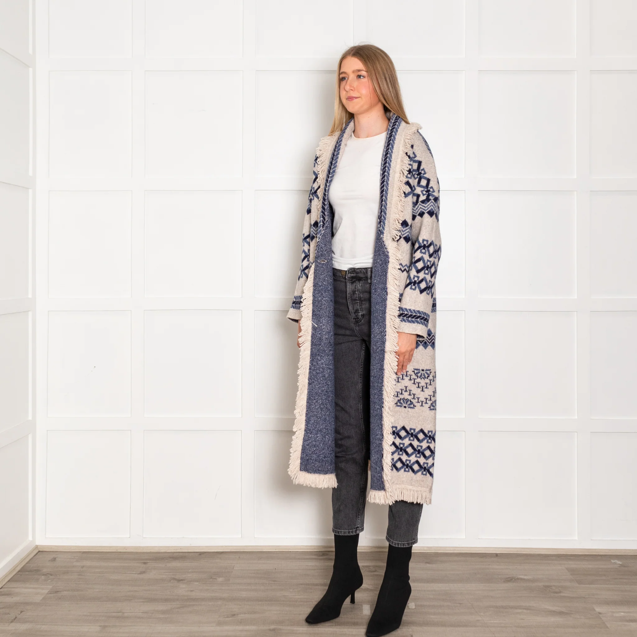 Hale Bob Blue And White Fringed Long Cardigan - Image 3