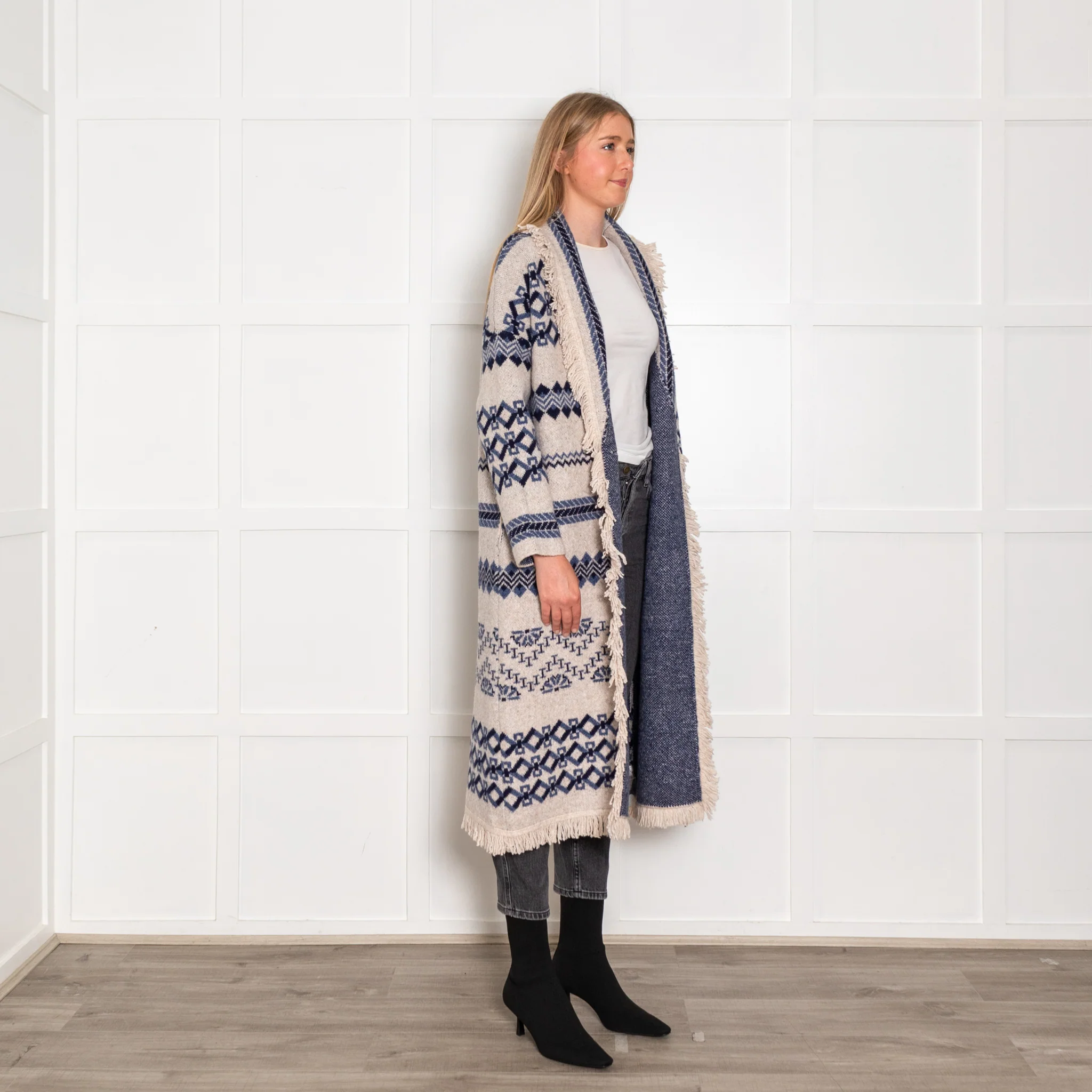 Hale Bob Blue And White Fringed Long Cardigan - Image 7