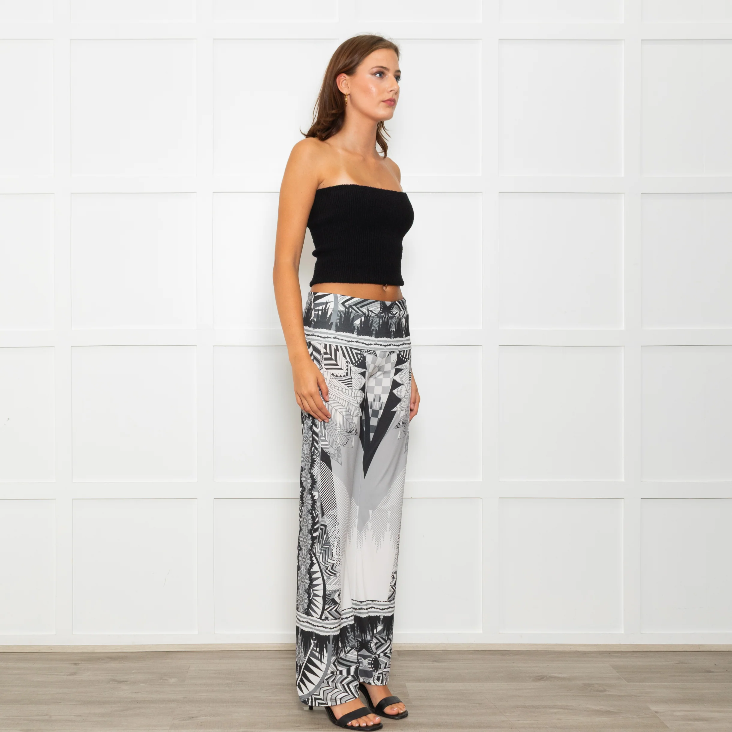Hale Bob Grey Abstract Mandala Print Fold Waist Flared Trouser - Image 7