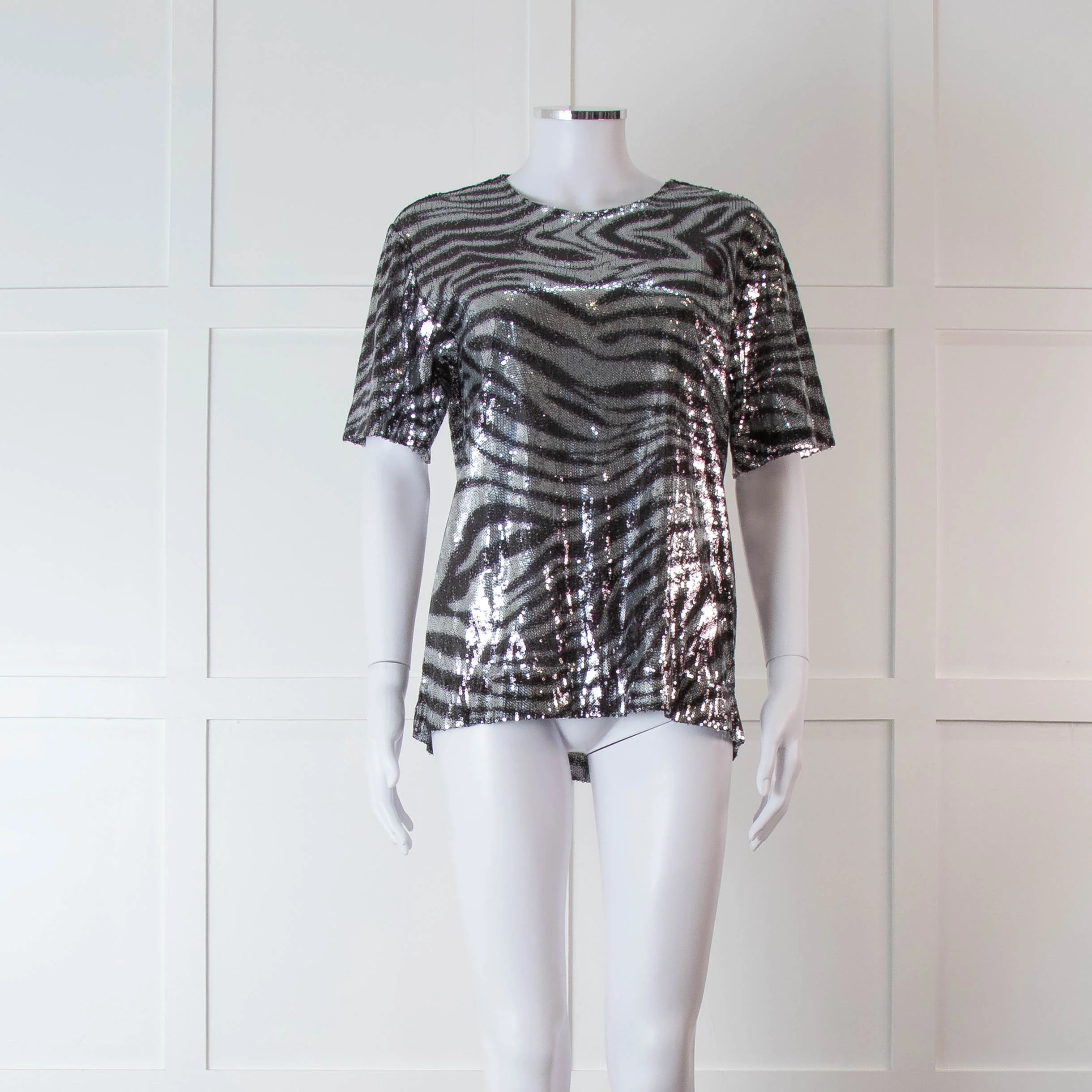 Halpern Silver Zebra Sequinned Short Sleeve Top