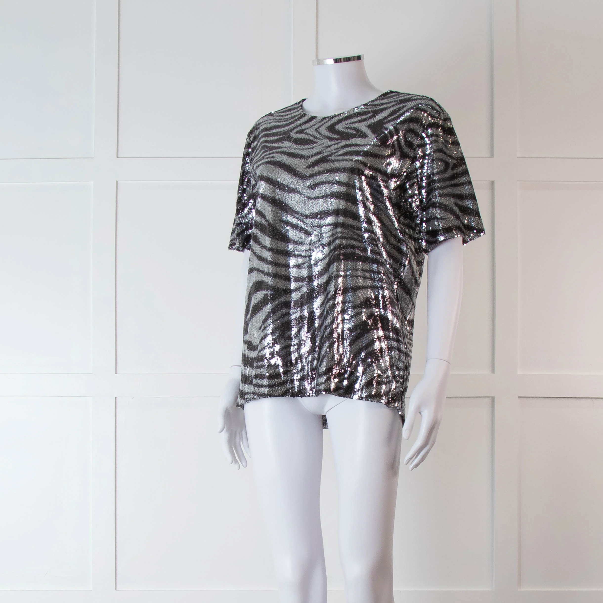 Halpern Silver Zebra Sequinned Short Sleeve Top - Image 8