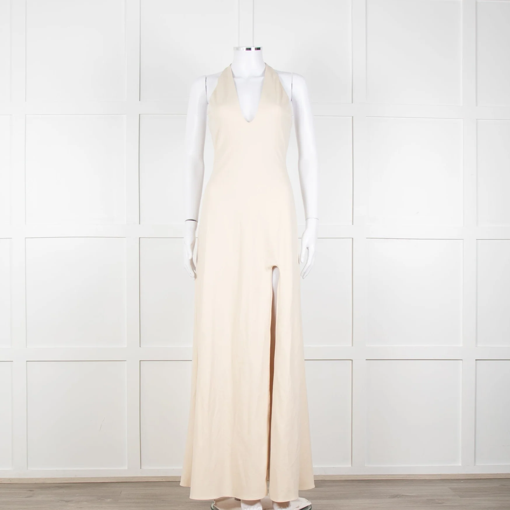 Halston Beige Stretch Halterneck Midi Dress