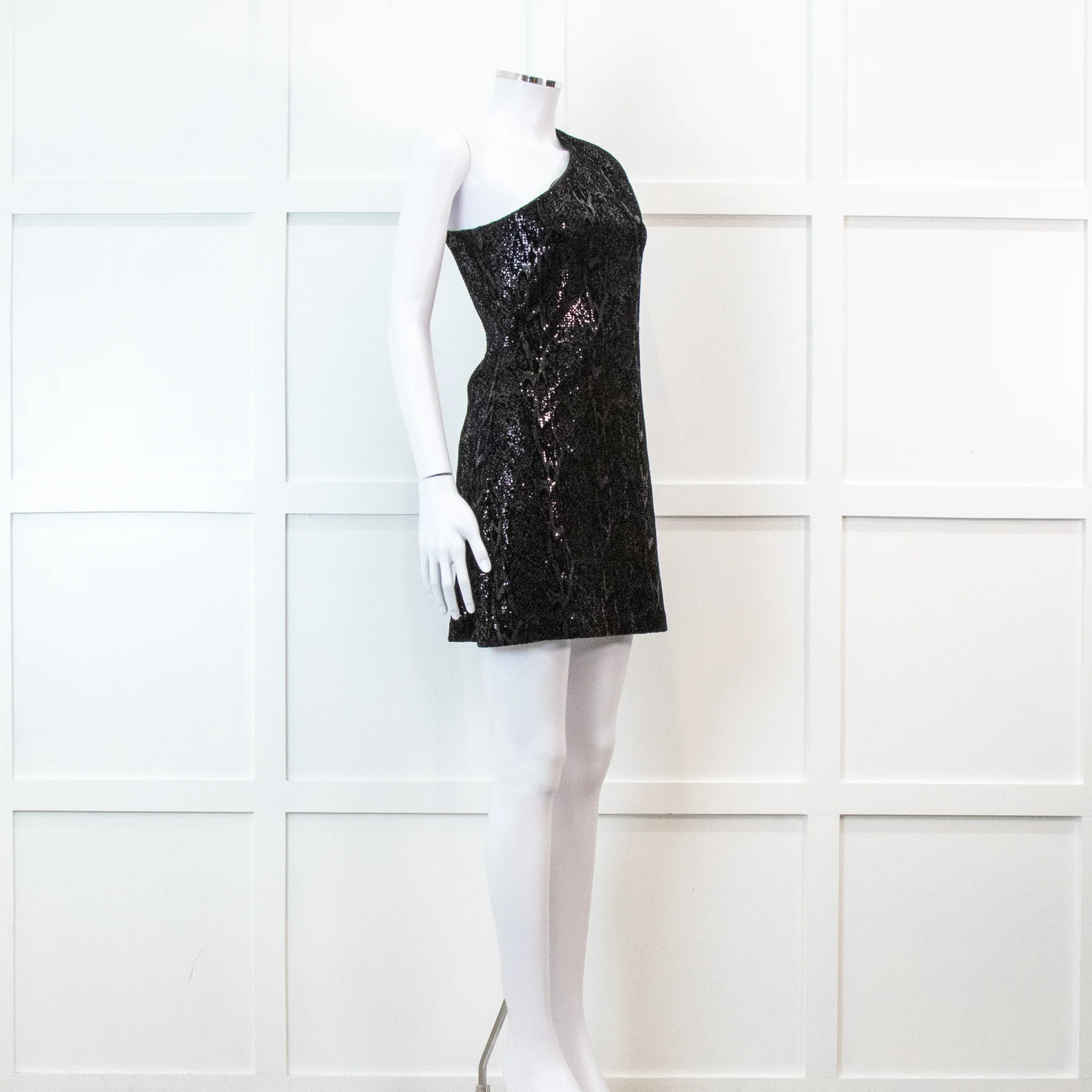 Halston Heritage Black Sequin Snakeprint One Shoulder Mini Dress - Image 5