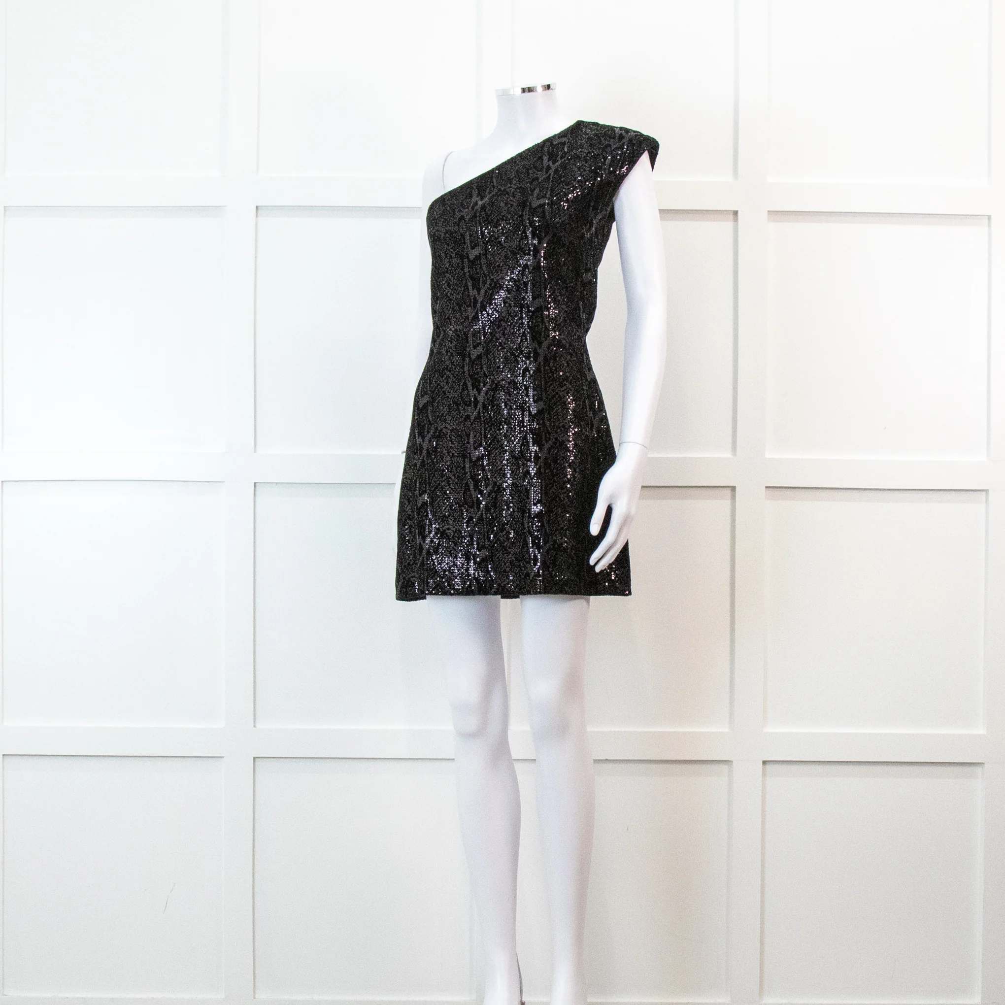 Halston Heritage Black Sequin Snakeprint One Shoulder Mini Dress - Image 8