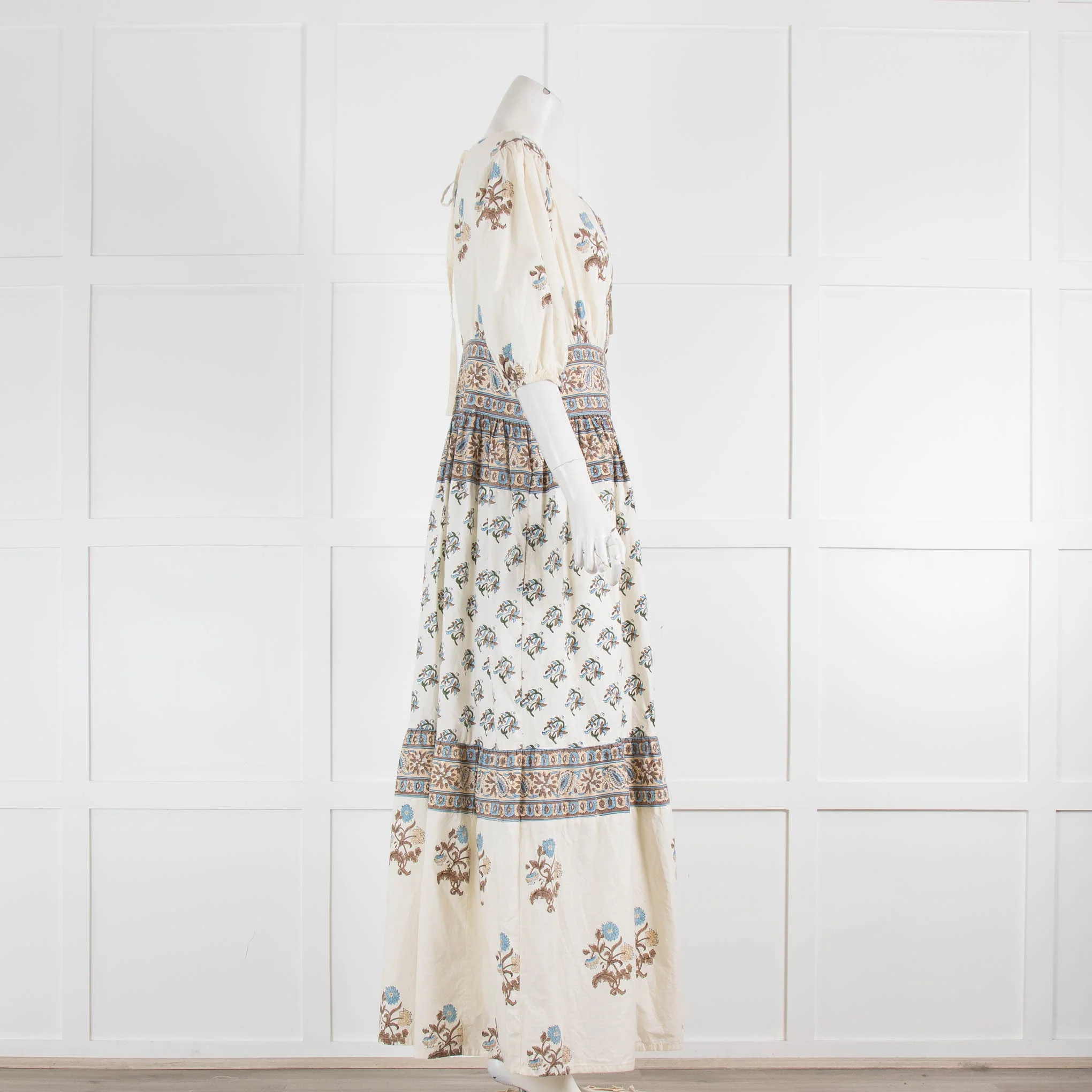 Hannah Artwear Camilla White Blue Brown Hand Block Printed Dress - Image 2