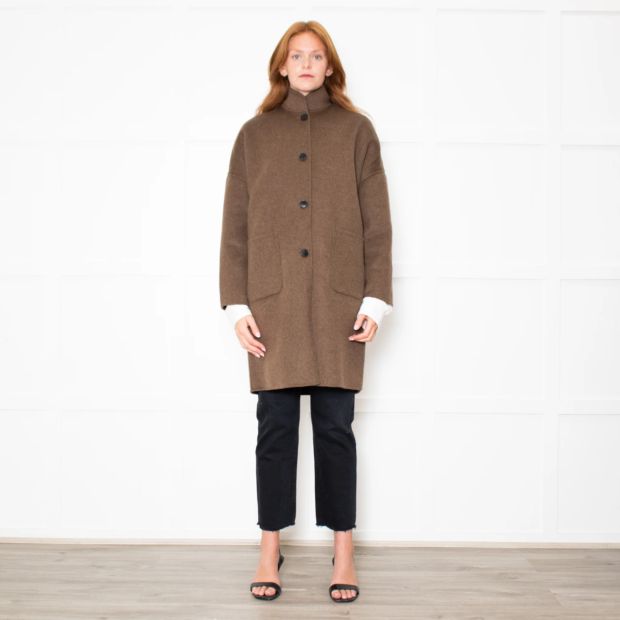 Hartford Brown Wool Mix Stand Collar Coat