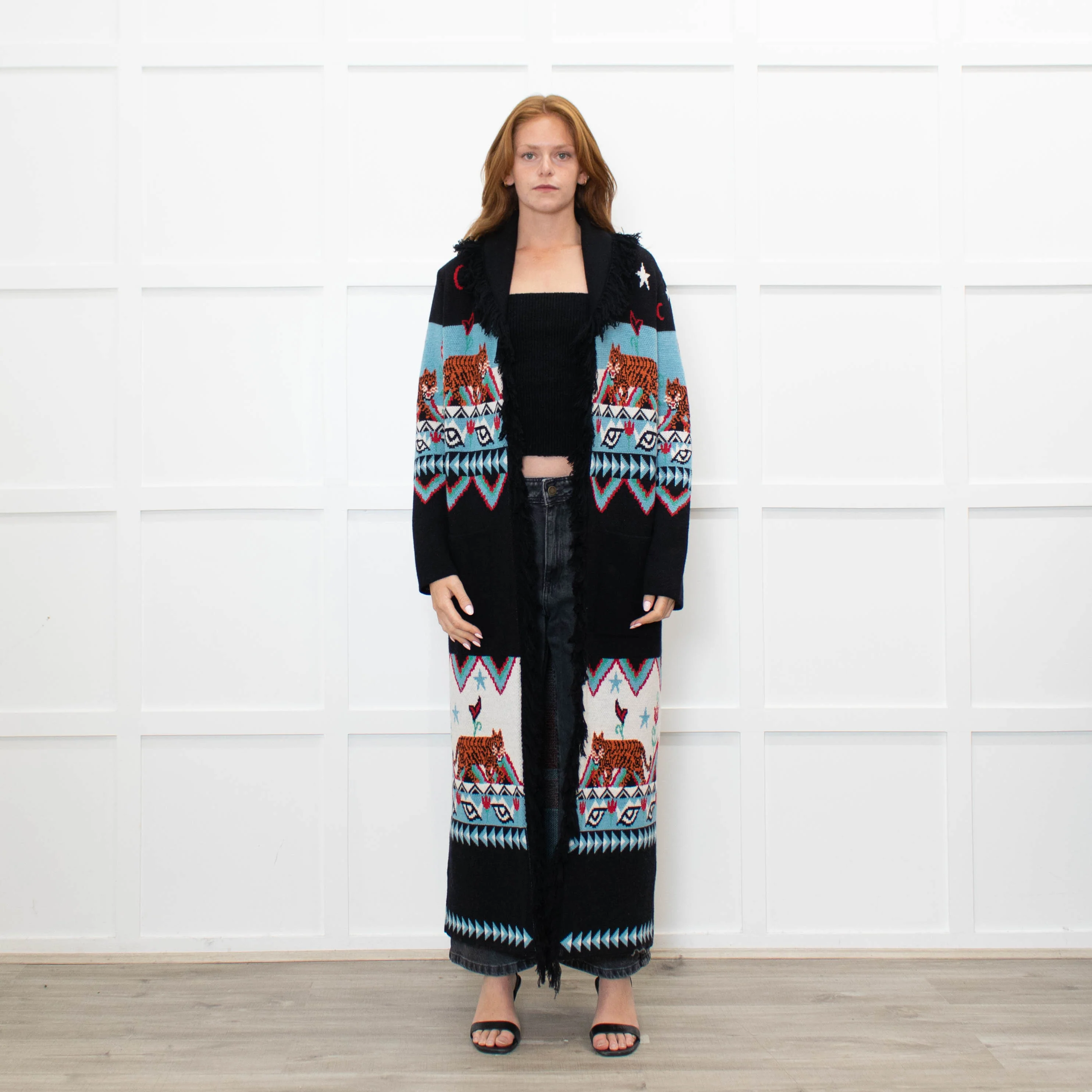 Hayley Menzies Black Blue Red Knit Long Coat With Belt