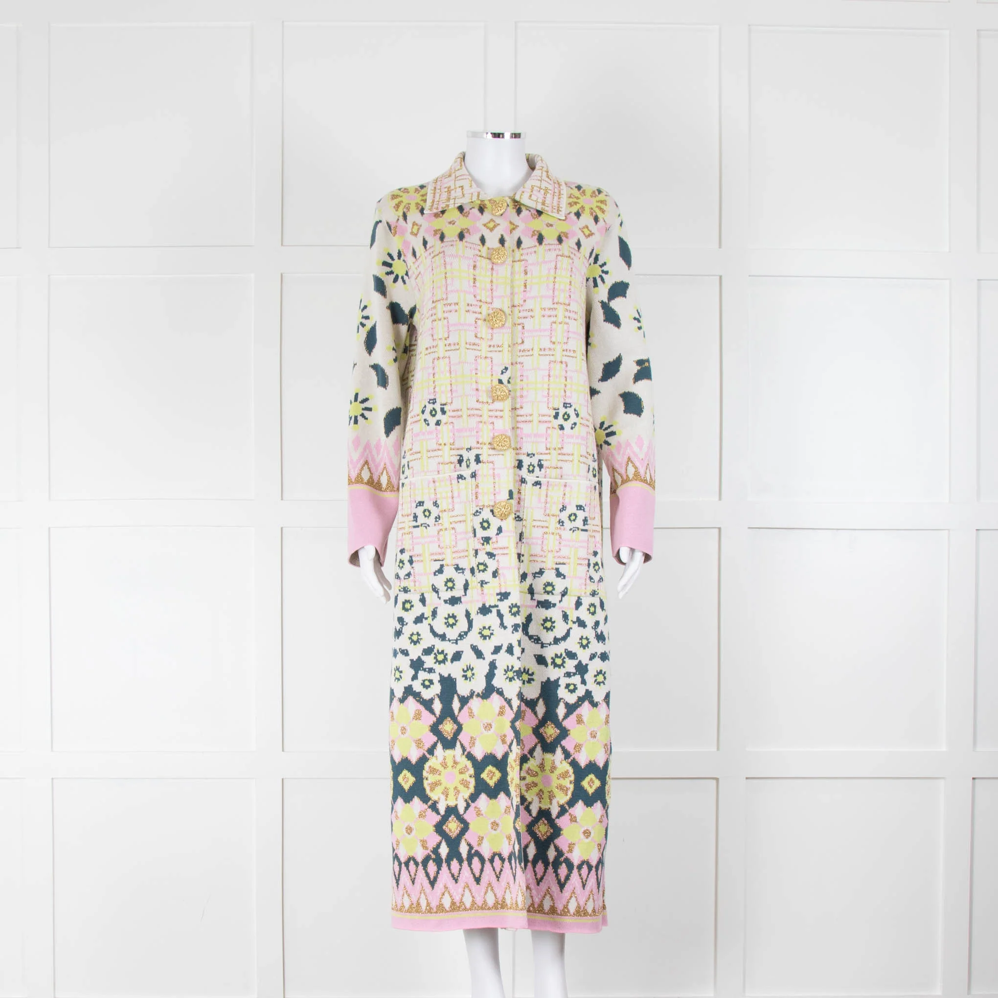 Hayley Menzies Cream Green Gold Cotton Blend Jacquard Long Jacket