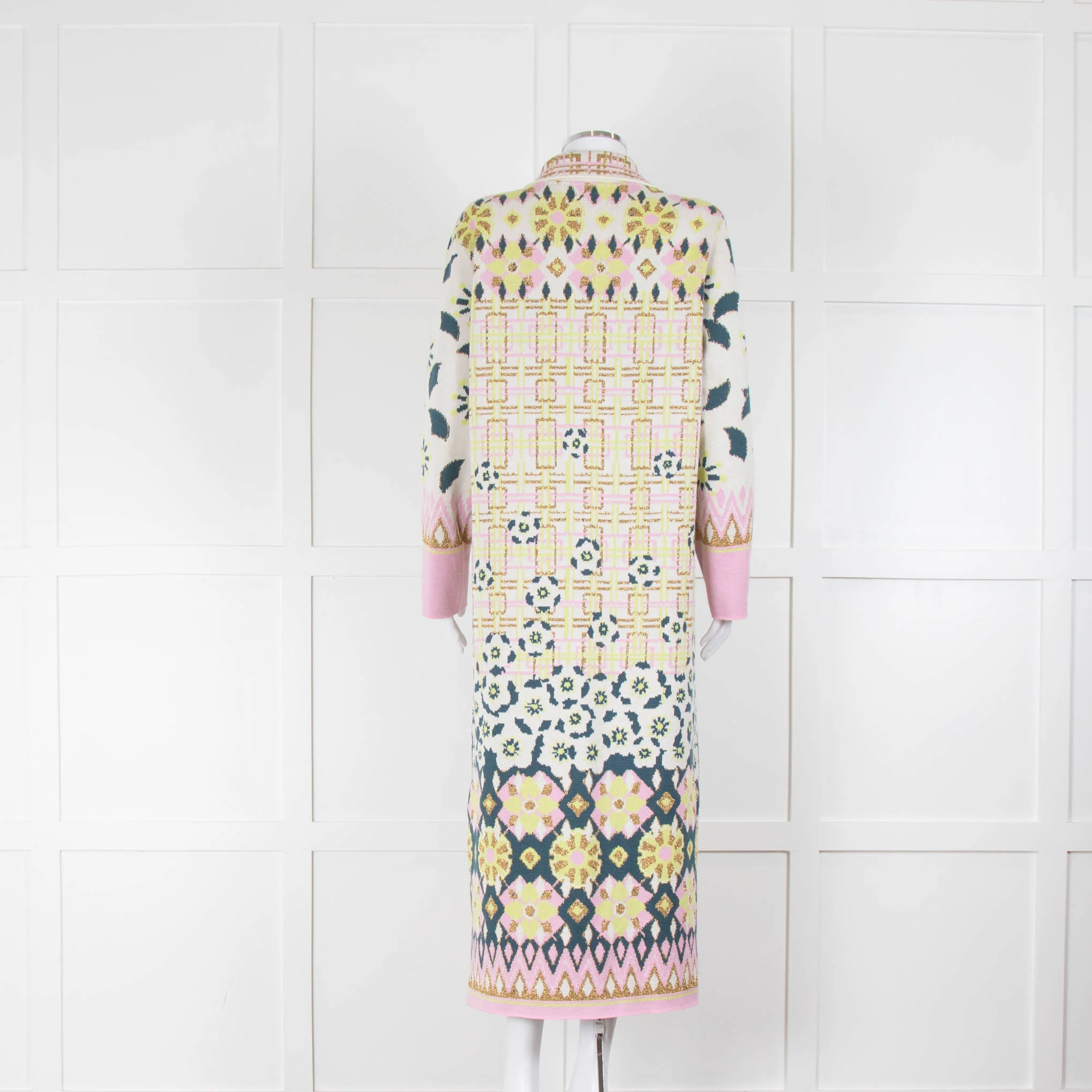 Hayley Menzies Cream Green Gold Cotton Blend Jacquard Long Jacket - Image 3