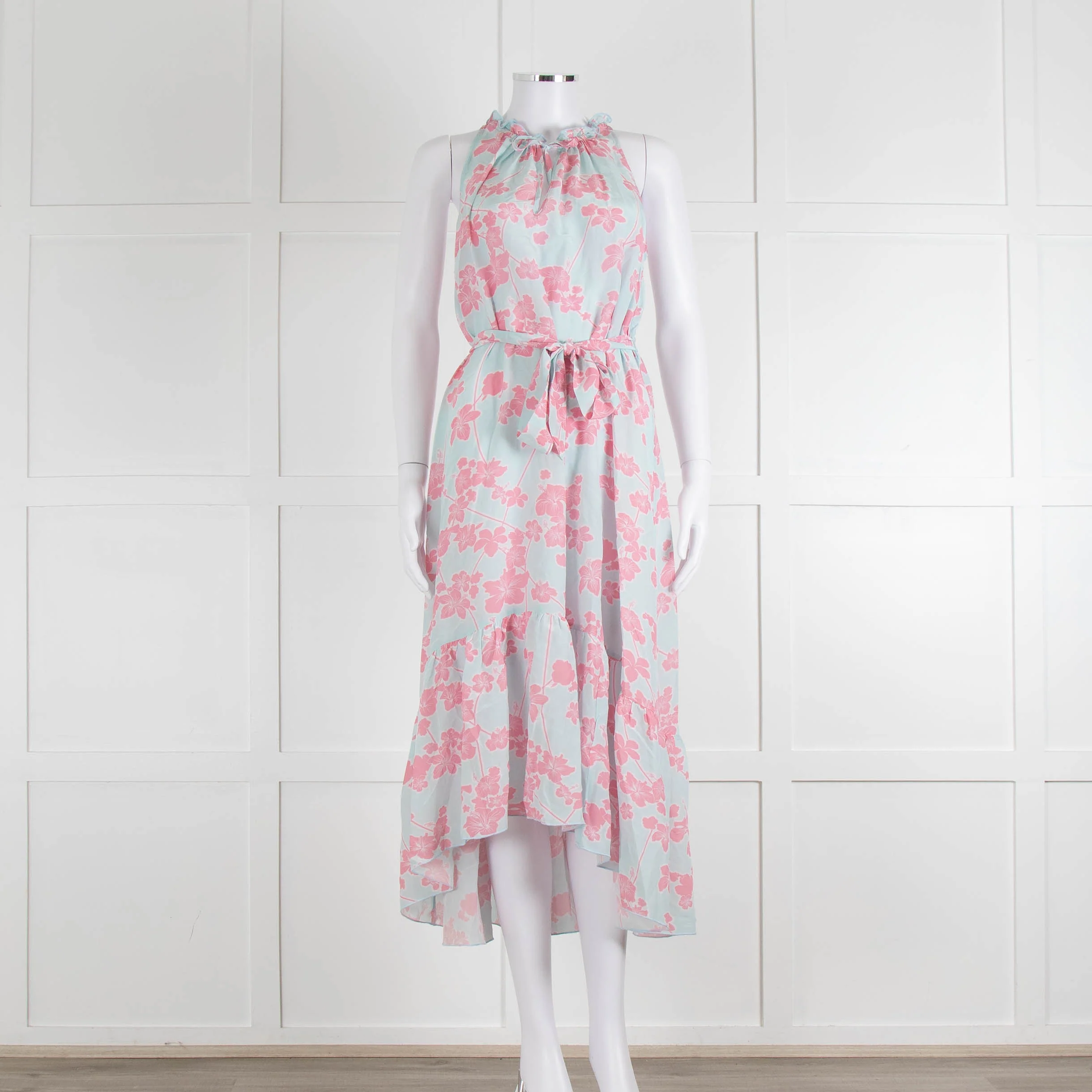 Heidi Klein Pale Blue Pink Floral Sleeveless Silk Belted Dress