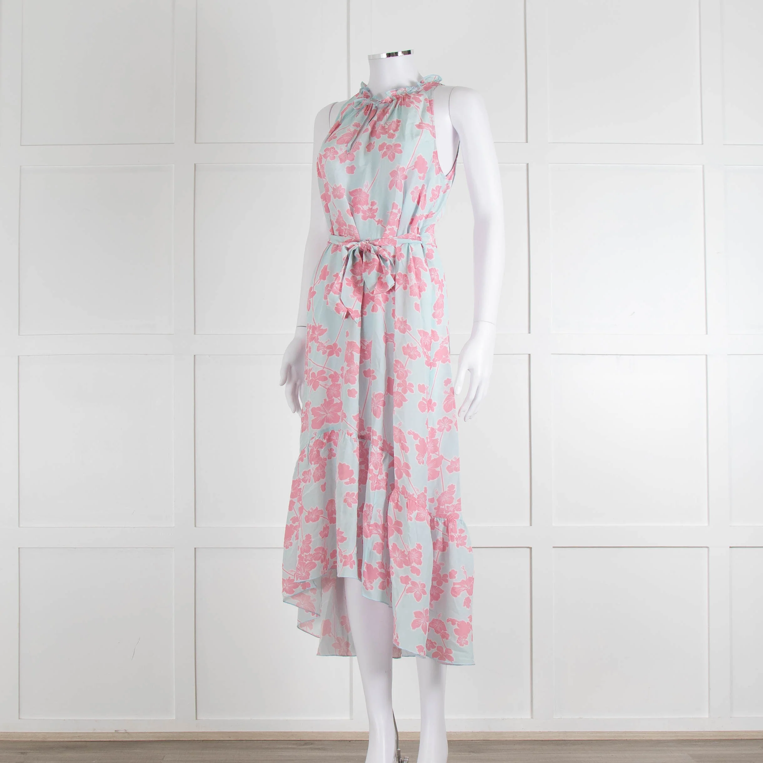Heidi Klein Pale Blue Pink Floral Sleeveless Silk Belted Dress - Image 8