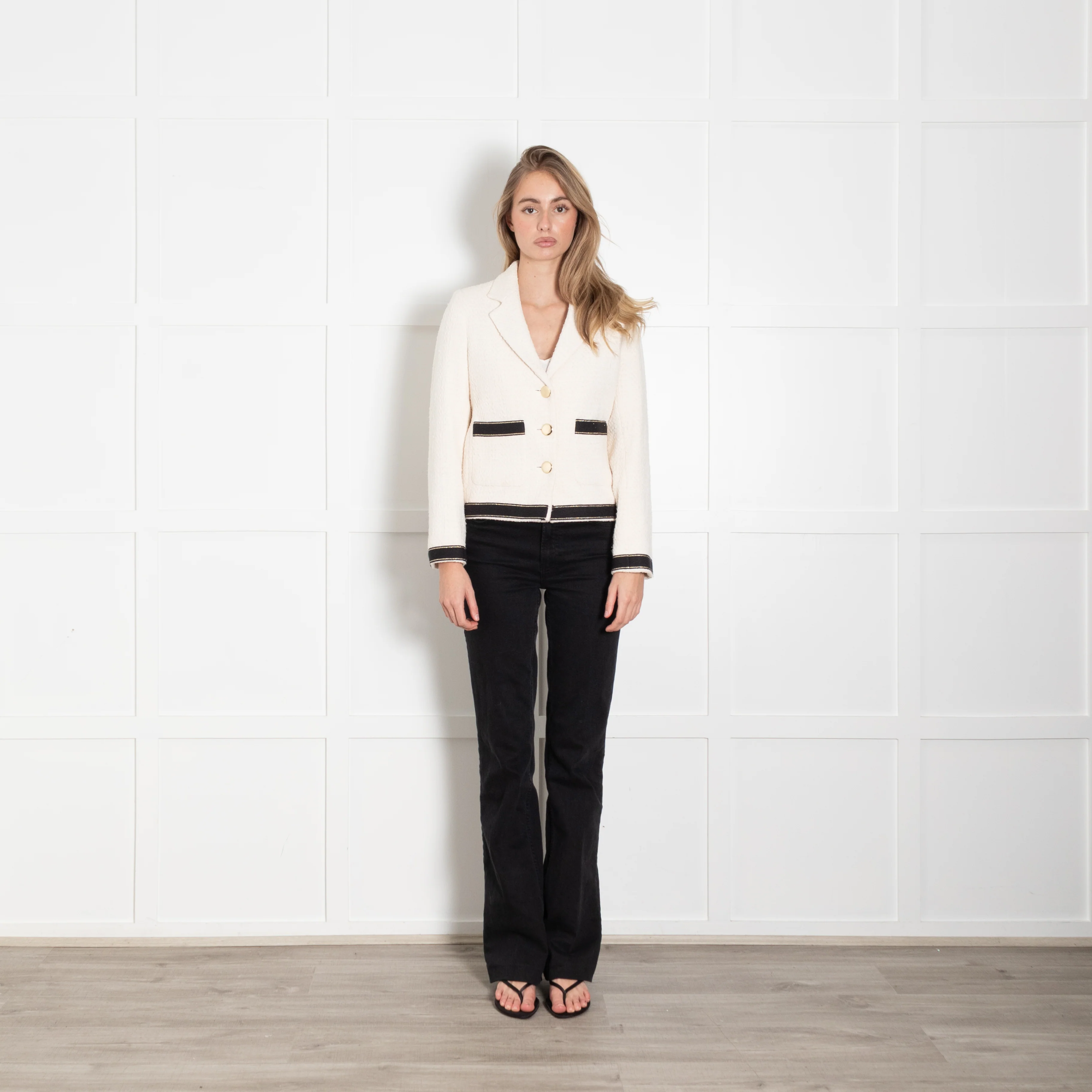 Helen For Denim Wardrobe Cream Black Trim Tweedy Jacket