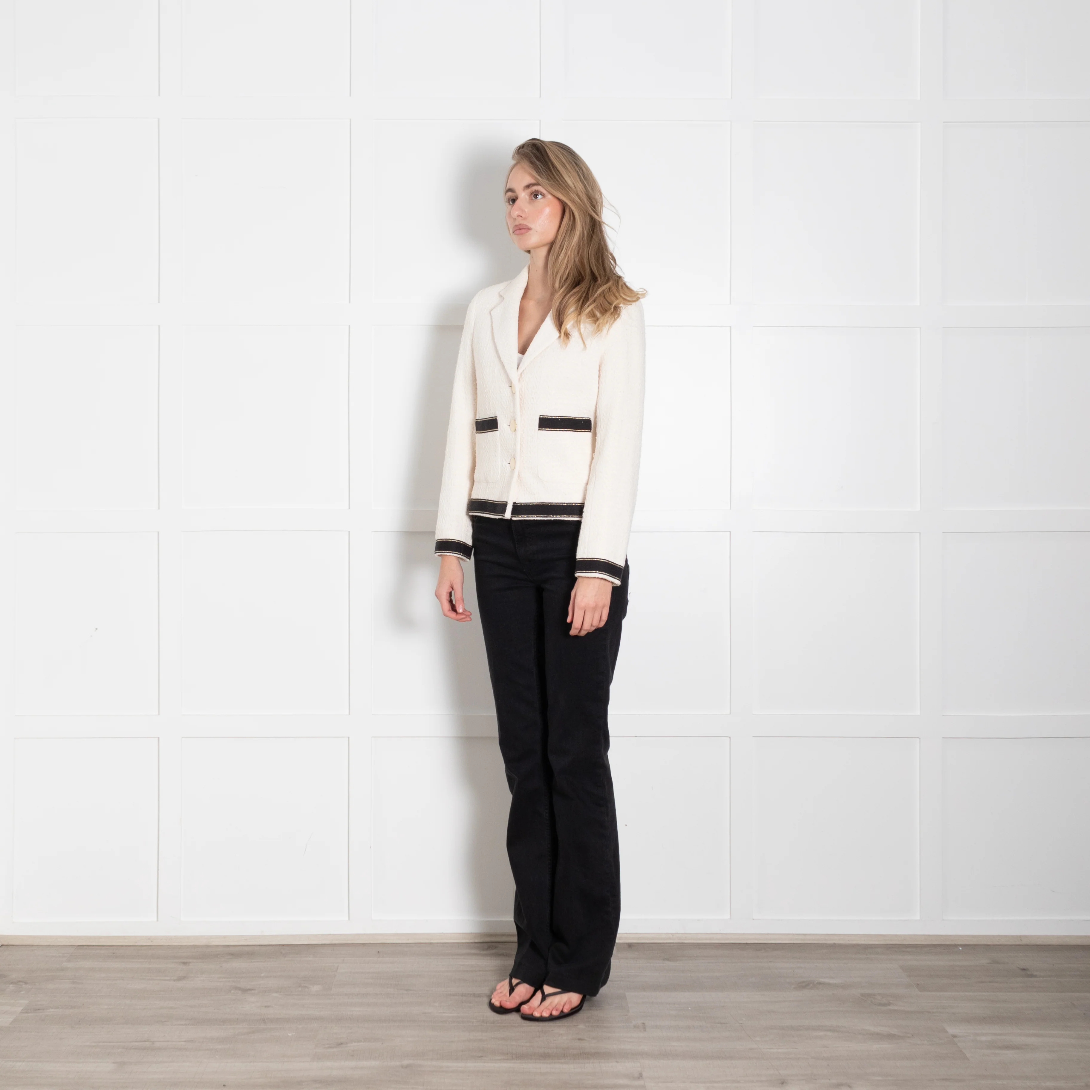 Helen For Denim Wardrobe Cream Black Trim Tweedy Jacket - Image 3