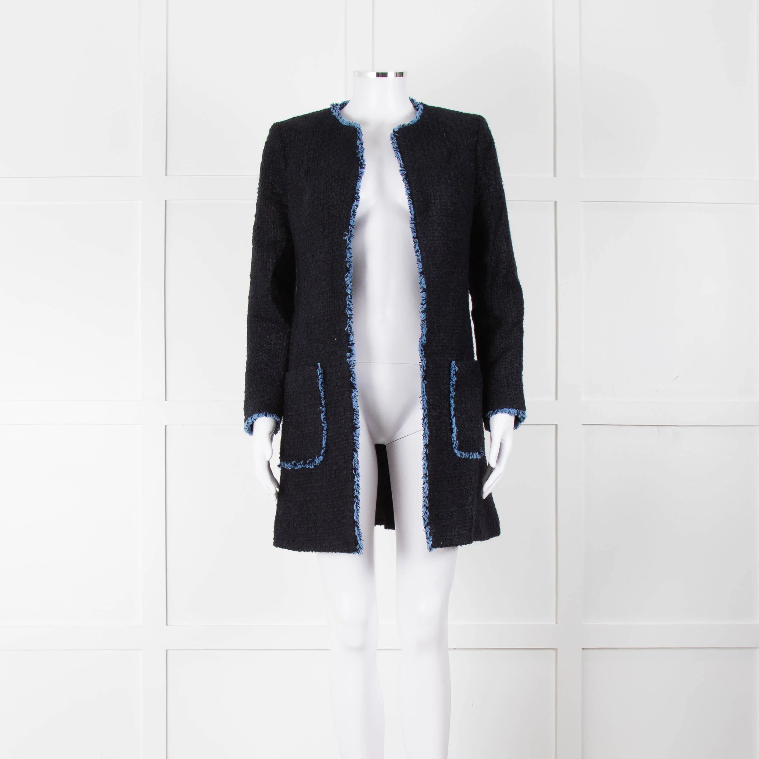 Helene Berman X Trilogy Navy Boucle Coat with Blue Fringe Trim