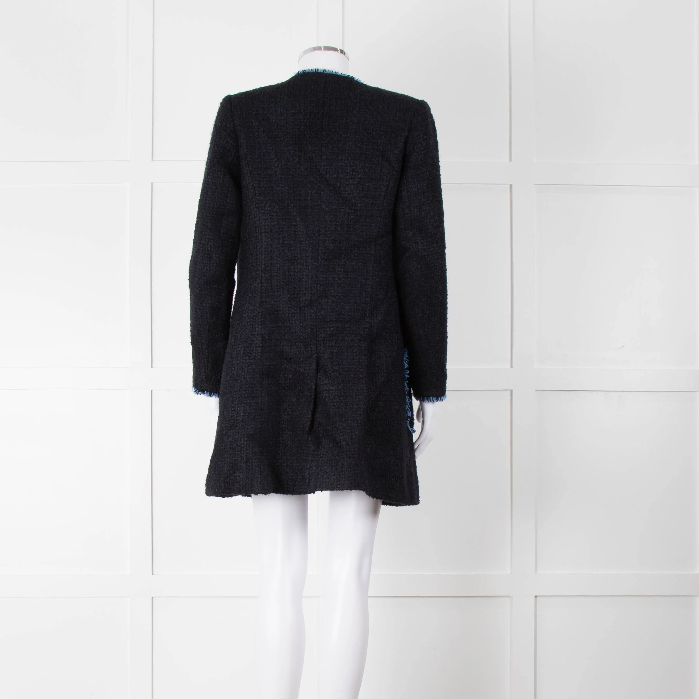 Helene Berman X Trilogy Navy Boucle Coat with Blue Fringe Trim - Image 5
