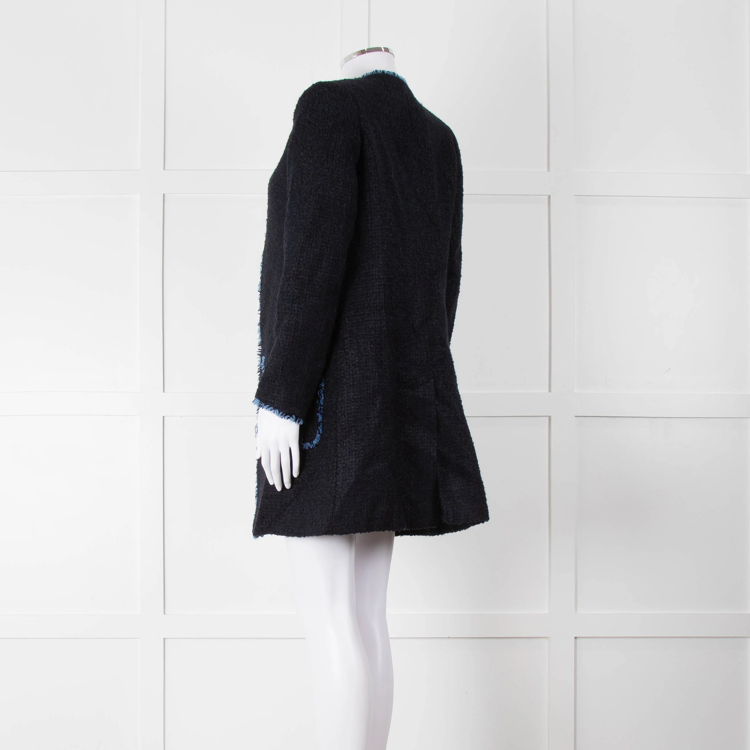 Helene Berman X Trilogy Navy Boucle Coat with Blue Fringe Trim - Image 6