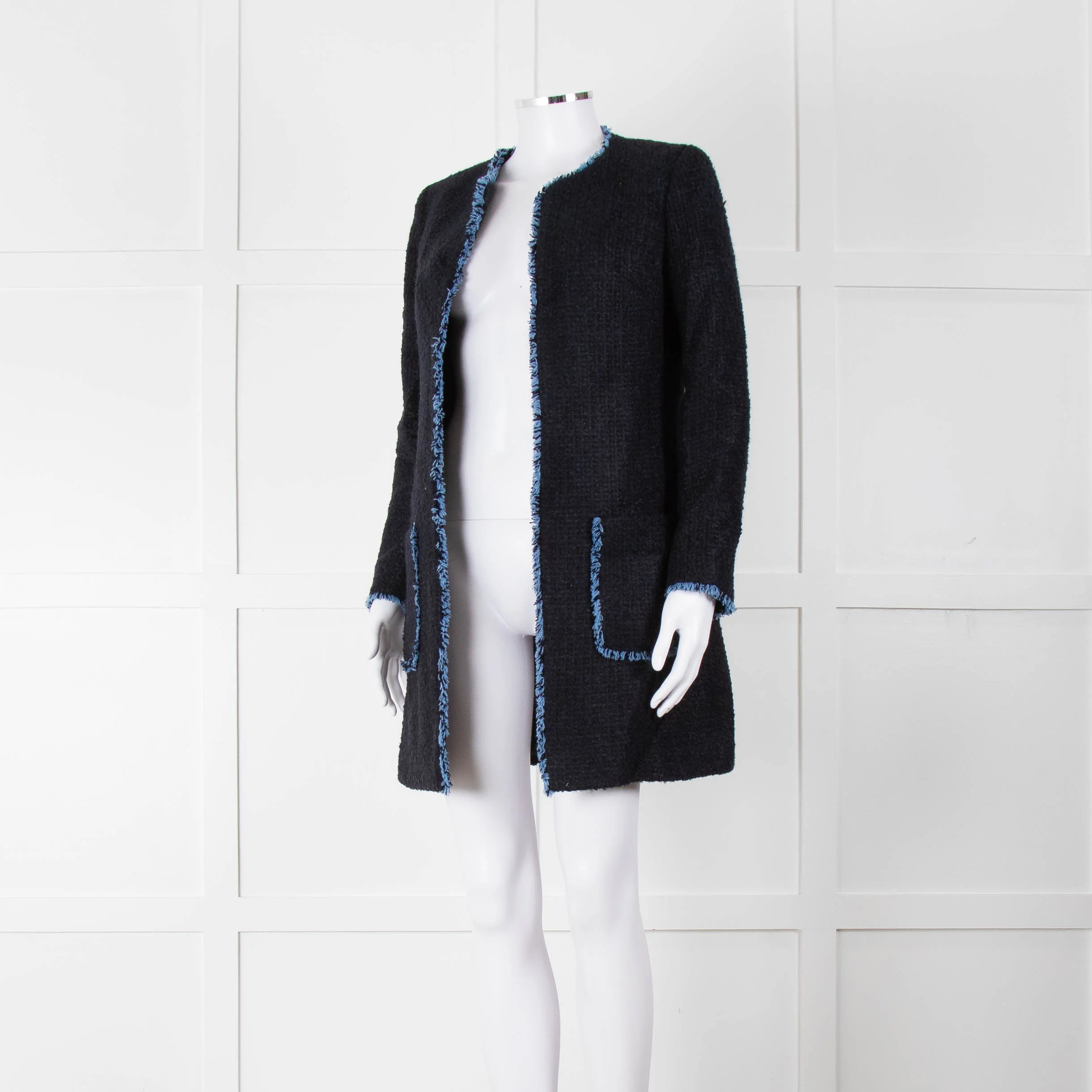 Helene Berman X Trilogy Navy Boucle Coat with Blue Fringe Trim - Image 8