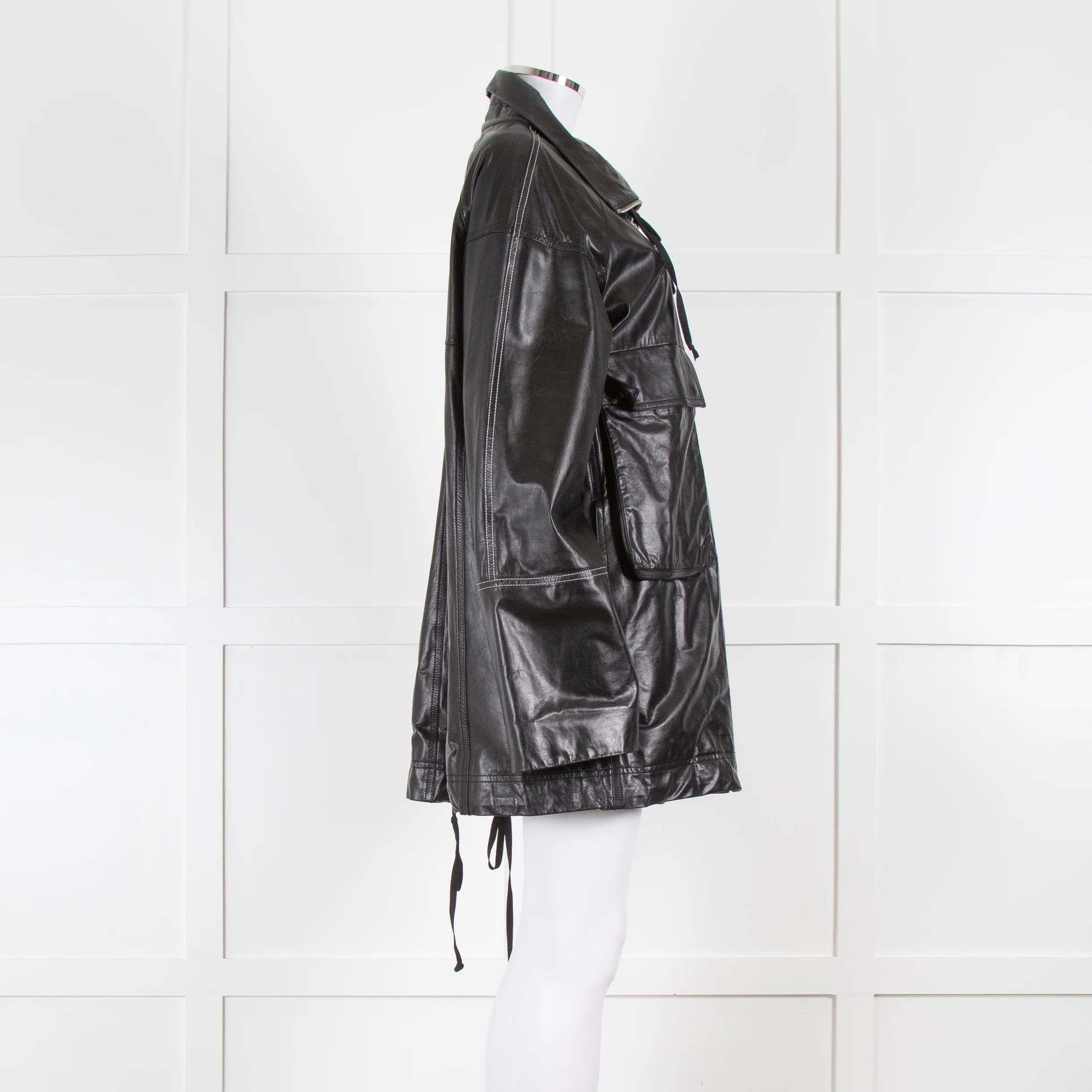 Helmut Lang Black Leather Coat with Patch Pockets and Contrast Topstitching - Image 2
