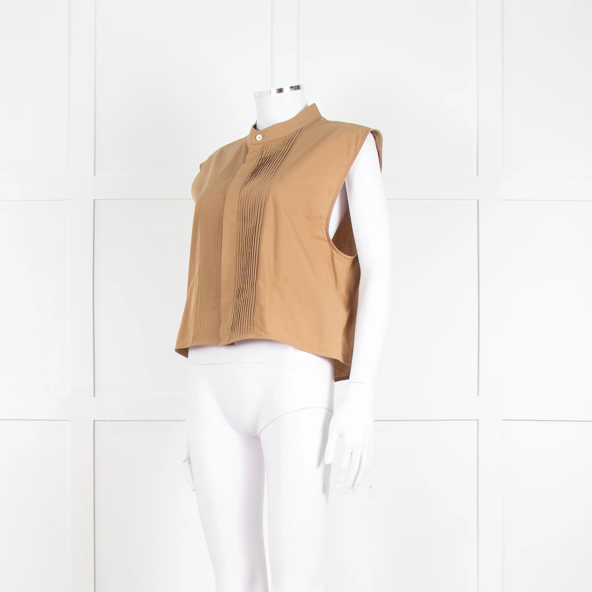 Helmut Lang Khaki Front Pleats Sleeveless Top - Image 2