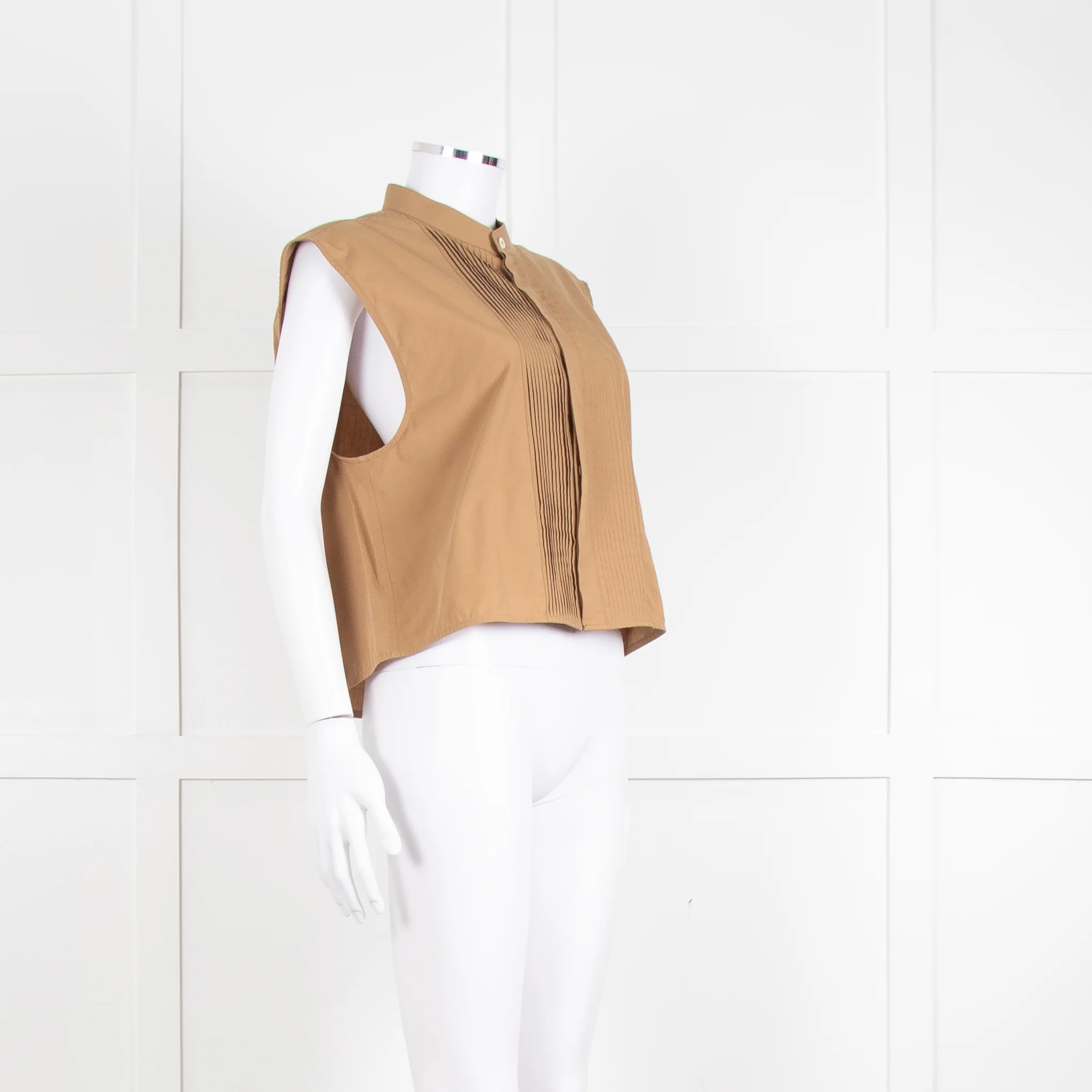 Helmut Lang Khaki Front Pleats Sleeveless Top - Image 8