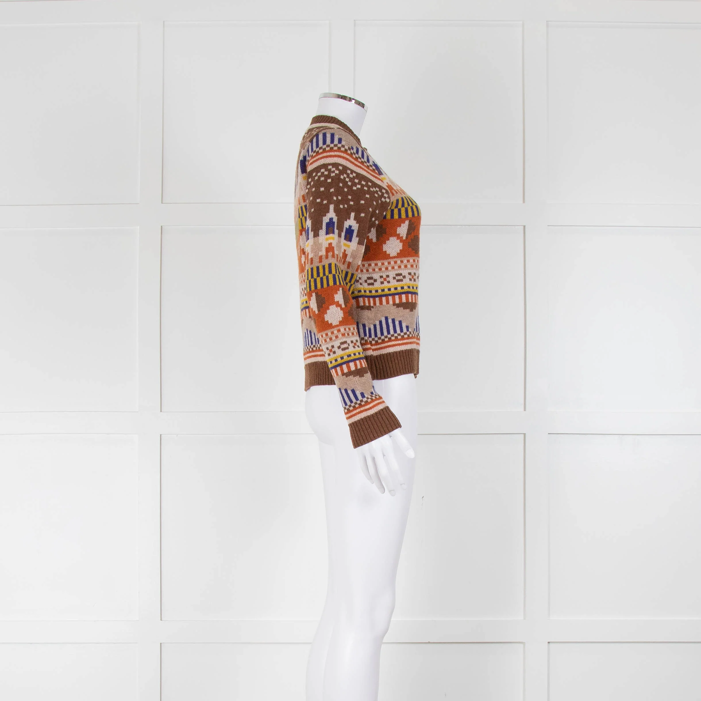 Henrik Vibskov Brown Rust Yellow Intarsia-Knit Short Sweater - Image 2