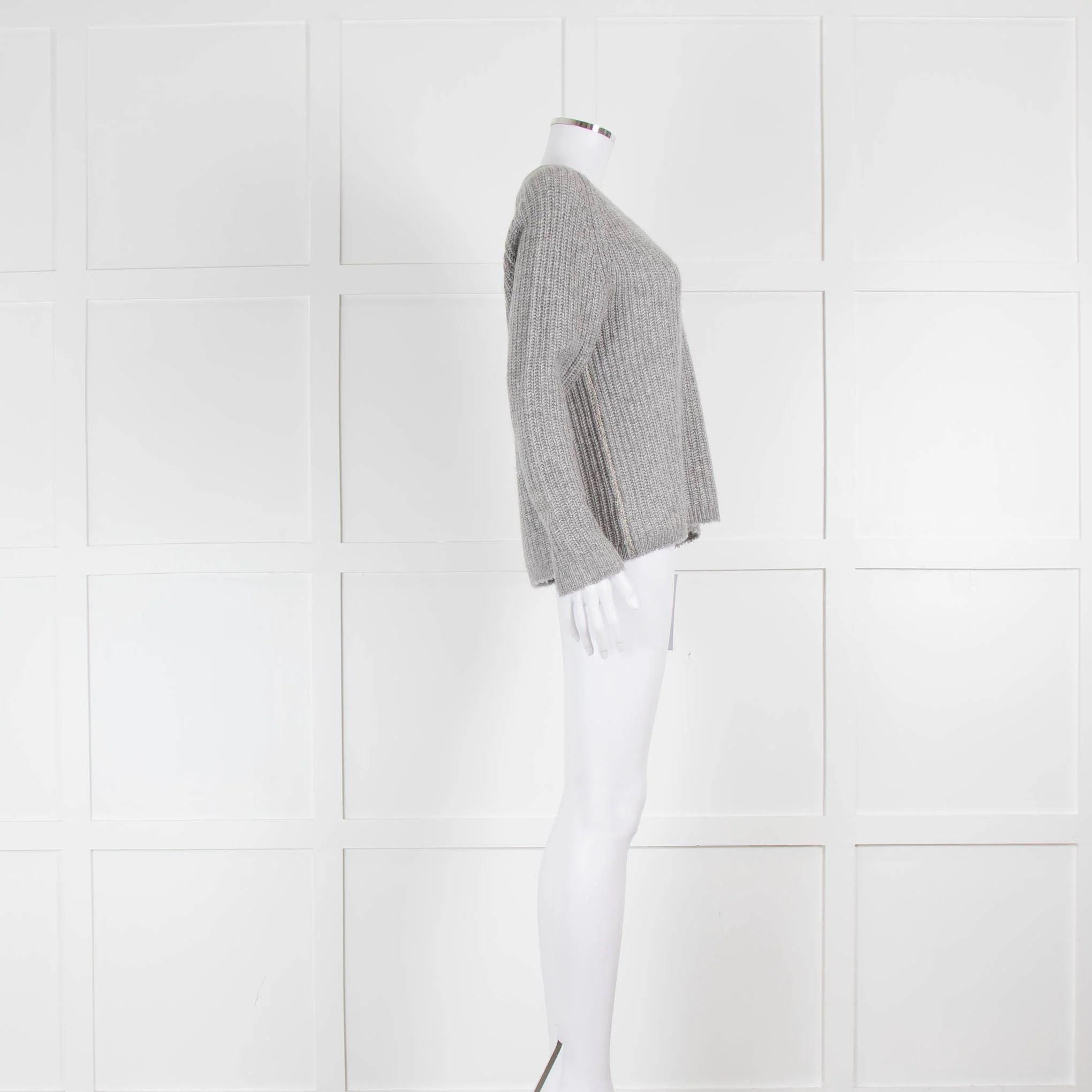 Henry Christ Grey V Neck Ribbed Cashmere Cotton Mix Jumper - Image 2
