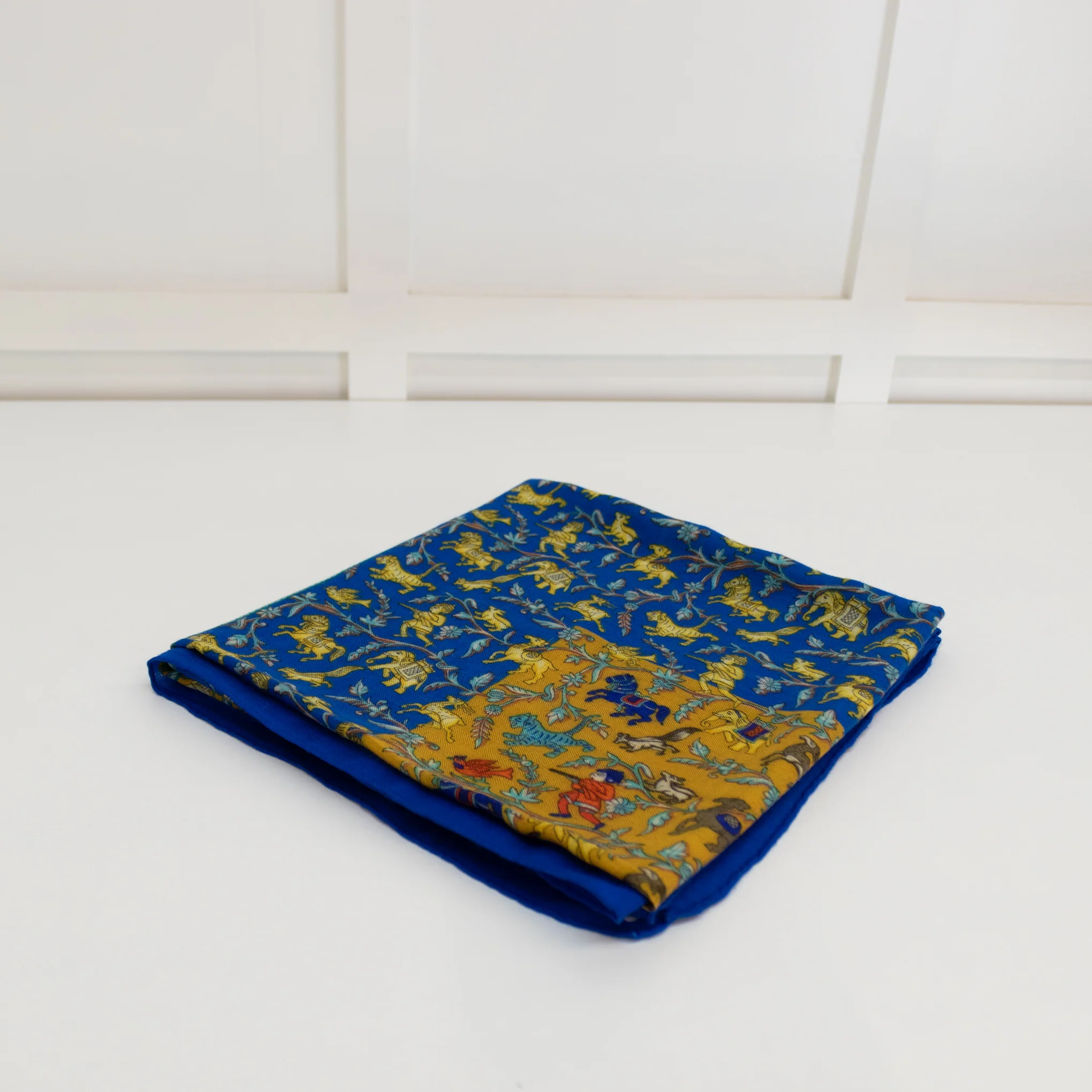 Hermes Blue Yellow Cashmere Blend Chasse En Inde Shawl